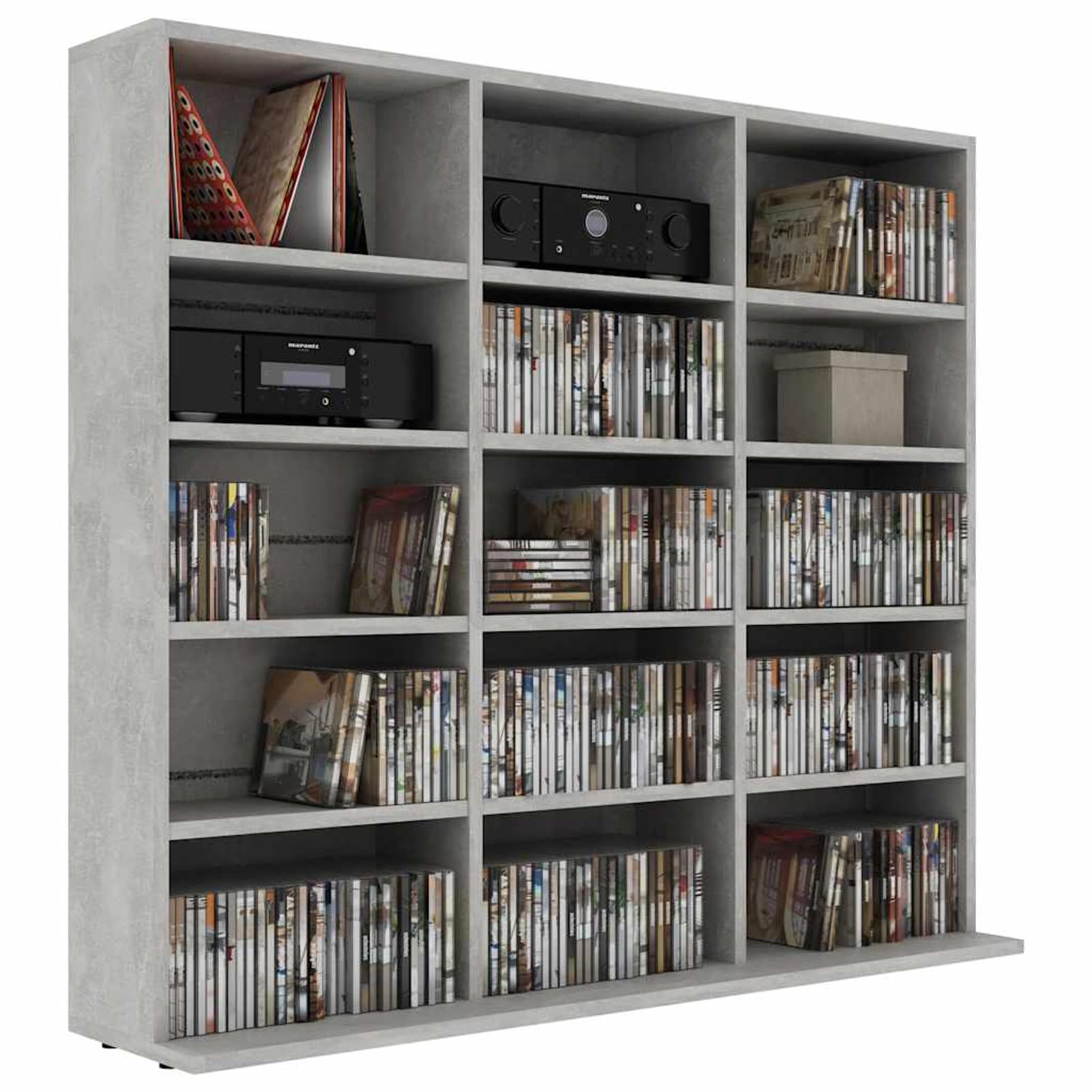 Gecheer CD-Regal, 15 offene Fächer, Betongrau, 100 x 23 x 89,5 cm, aus Holzwerkstoff, für Wohnzimmer, Büro oder Schlafzimmer zur Aufbewahrung von CDs, Schallplatten und Zubehör