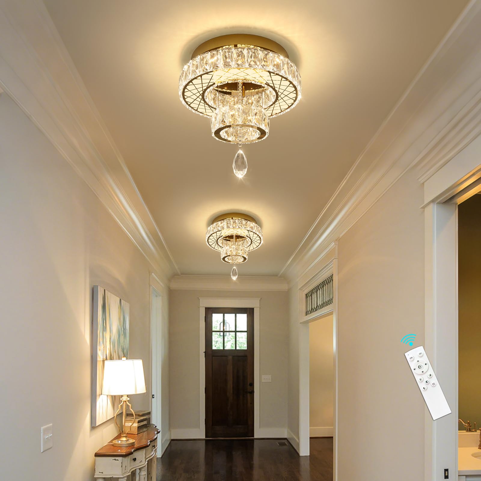 Photo 1 of HAIXIANG Modern Glam Ceiling Chandelier Bedroom Light Fixtures Crystal Flat Sloping Ceiling Lights for Hallway Kitchen Dining Room Dimmable Light with Remote Gold