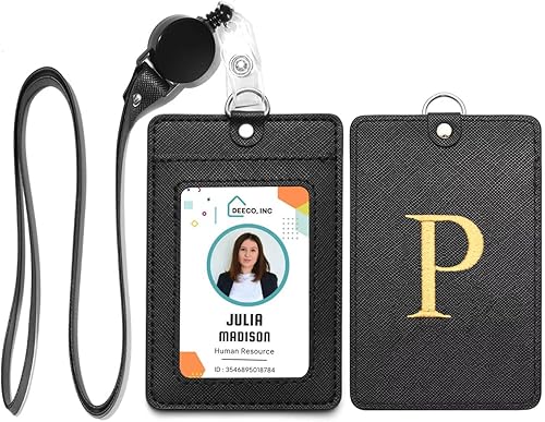Portatarjetas con inicial con cordón retráctil ajustable, letra bordada de piel sintética con ventana de identificación transparente para empleados,