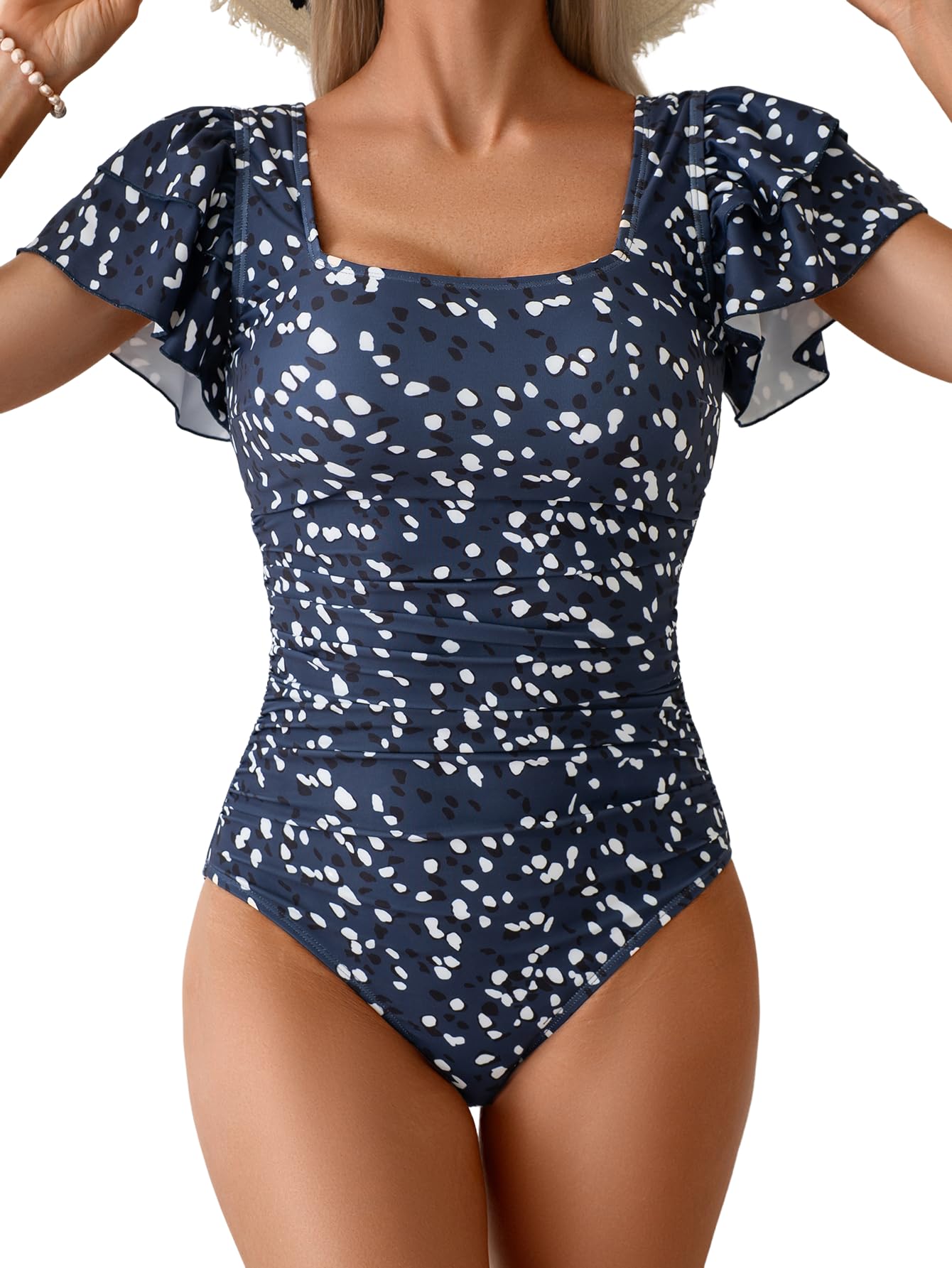 Eomenie Women's Ruffle Sleeve One Piece Swimsuit Tummy Control Bathing Suit | Square Neck, Ruched, Slimming, Modest, Cutout Back, Non-removable Padding