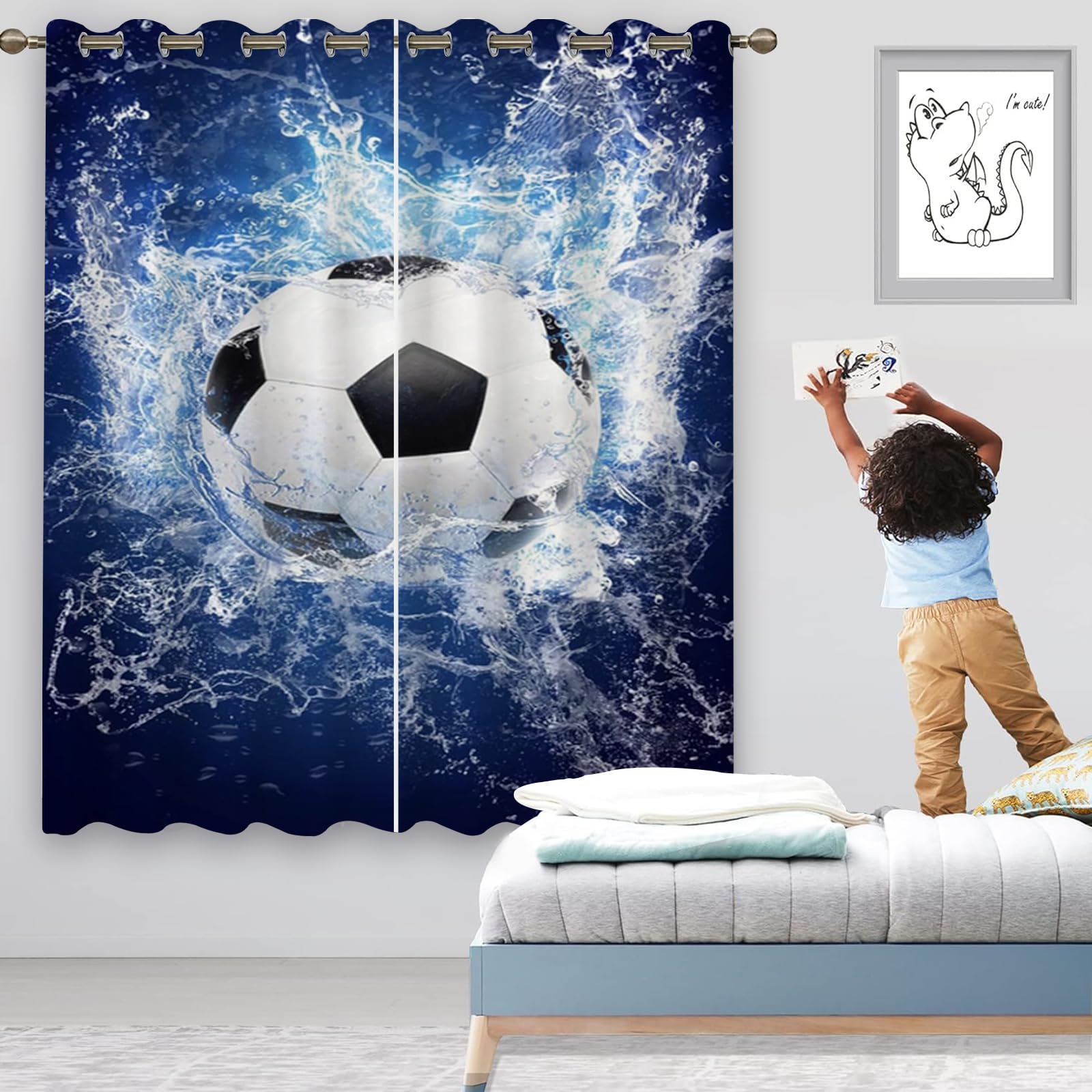 CHEFFS Fußball Gardinen Verdunklungsgardine Ösen Für Schlafzimmer, Fußball Vorhänge Blickdicht Verdunkelungsvorhang Fußball Für Kinderzimmer (1,150 x 166cm(2X75X166cm))