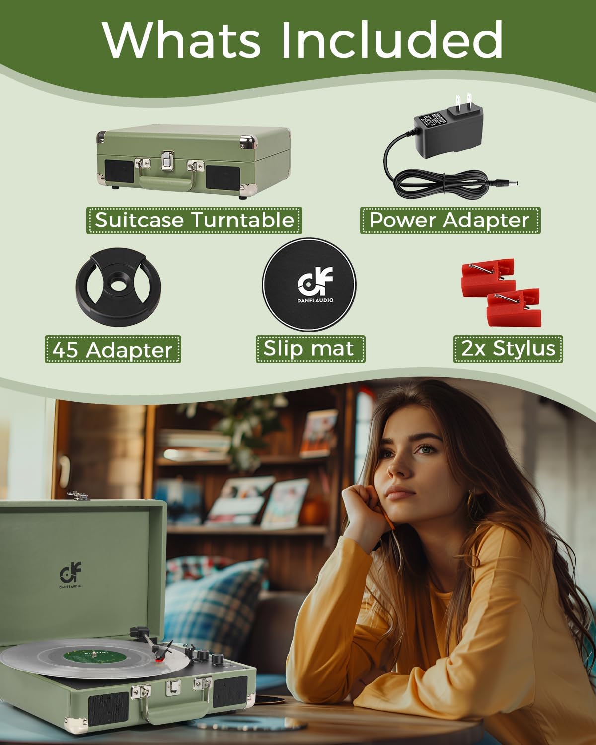 مشغل أسطوانات فينيل محمول بثلاث سرعات مع تحكم في الترددات العالية والمنخفضة، ومكبرات صوت مدمجة، ومقبس سماعة رأس 3.5 مم، ومخرج RCA/مدخل Aux، وقرص دوار عتيق يعمل بالحزام، لون أخضر حكيم