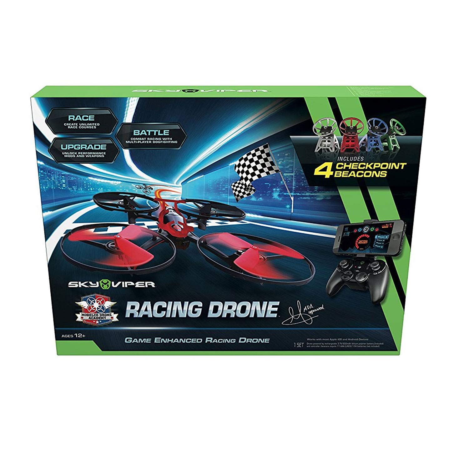 Goliath 90293, Sky Viper MDA Racing Drone, Quadcopter, Fly Racing con hasta 4 drones, Arranque automático, aterrizaje y función flotante, sistema de estabilización, principiantes y modo profesional