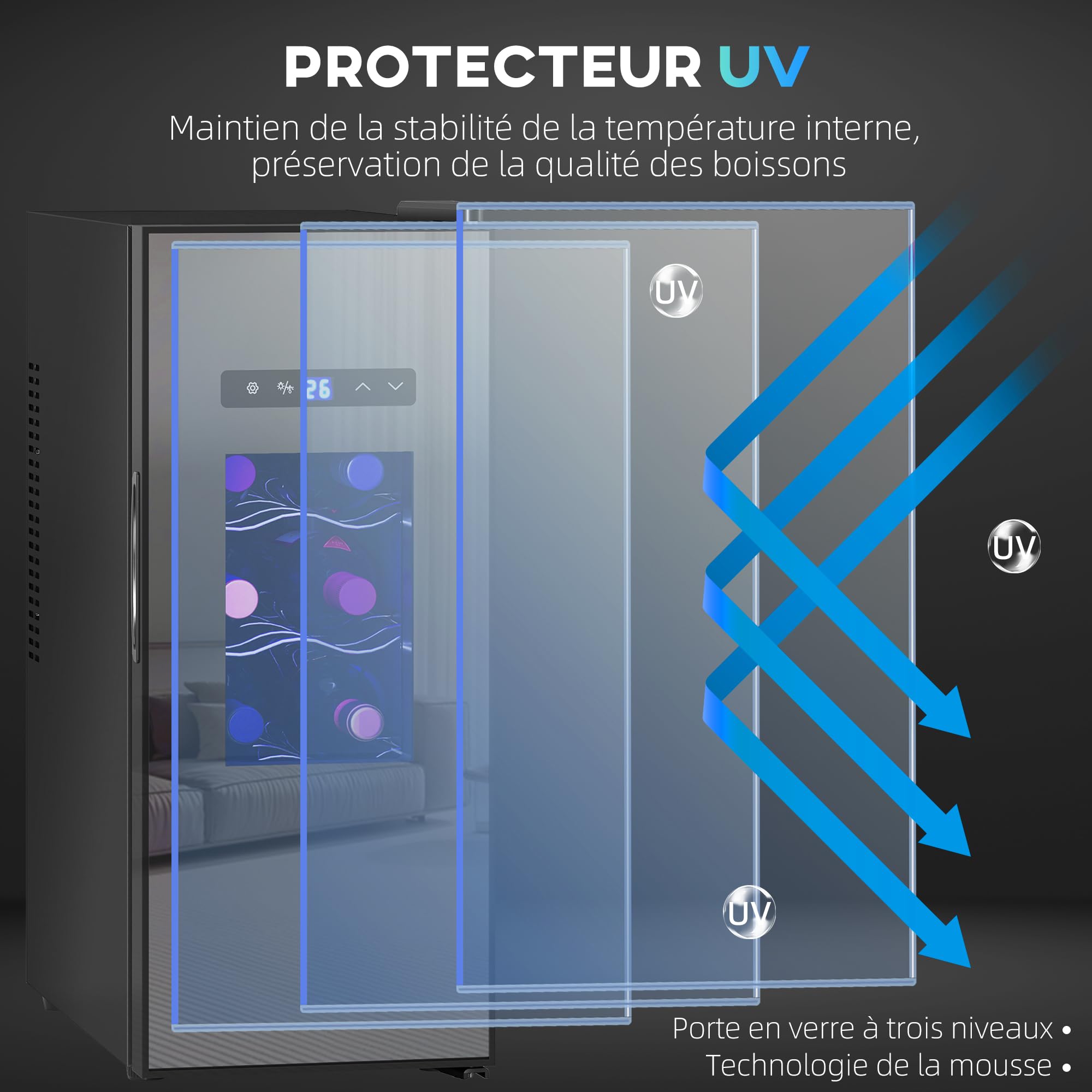HOMCOM Cave à vin 12 bouteilles 30L réfrigérateur thermoélectrique silencieux porte en verre éclairage LED écran tactile numérique contrôle température 8-18°C noir