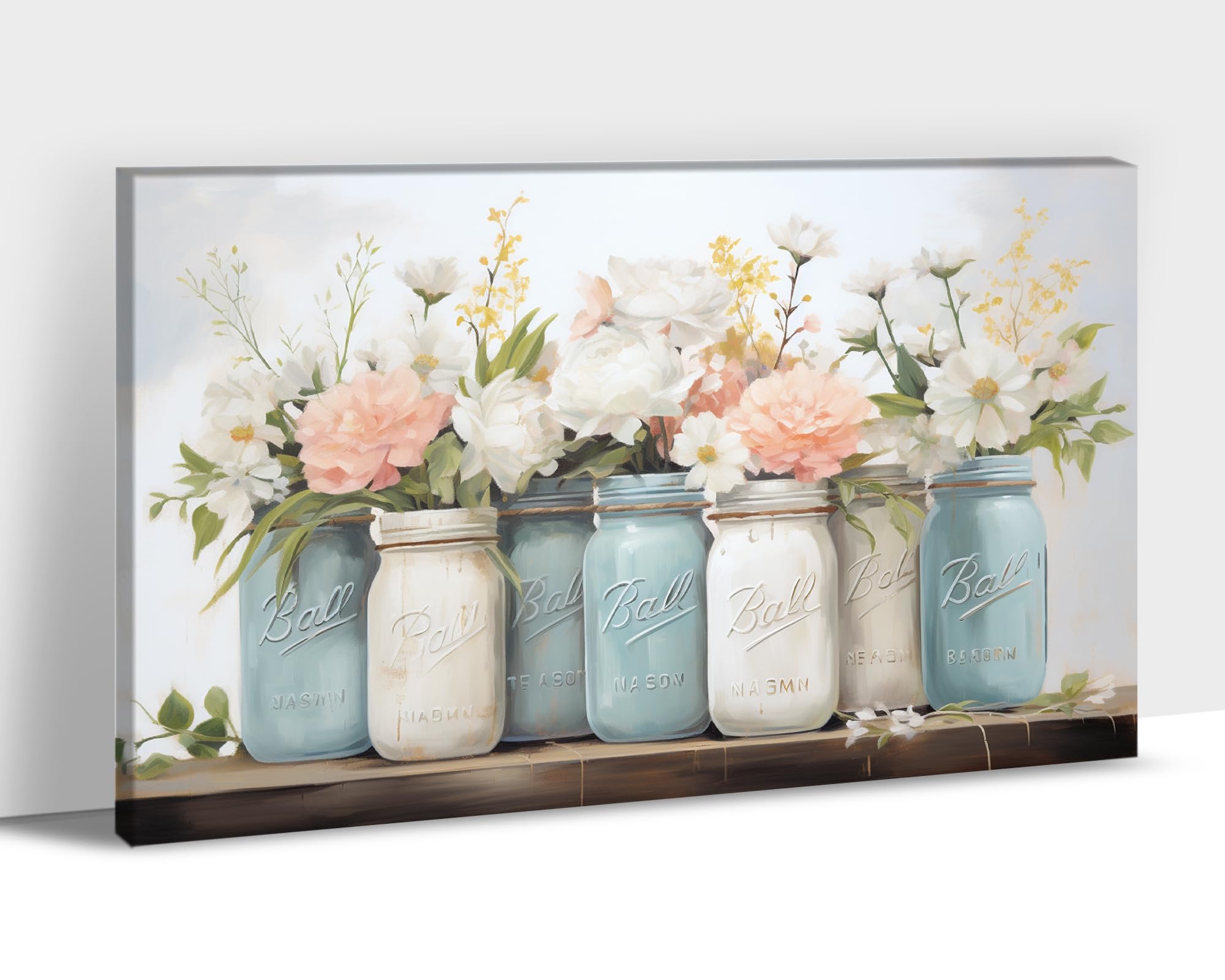 Floral Canvas Wall Art, Modern French Cottage Bouquet Canvas Wall Art Print Decor, Fresh Garden Flowers in Mason Jar Artwork, Framed Modern Floral