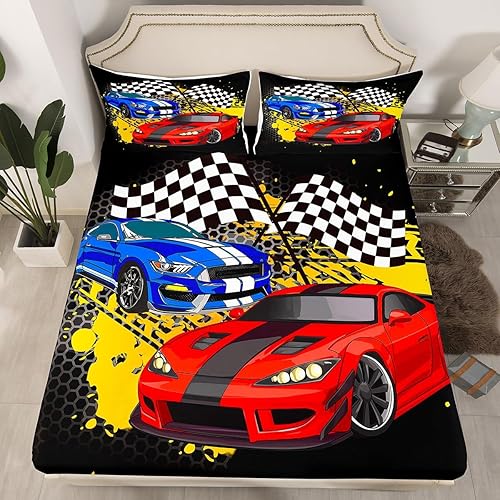 Miniatura 3 de Juego de sábanas de coche de carreras, juego de ropa de cama de autos deportivos de competición de autos de carreras, sábana bajera ajustable para