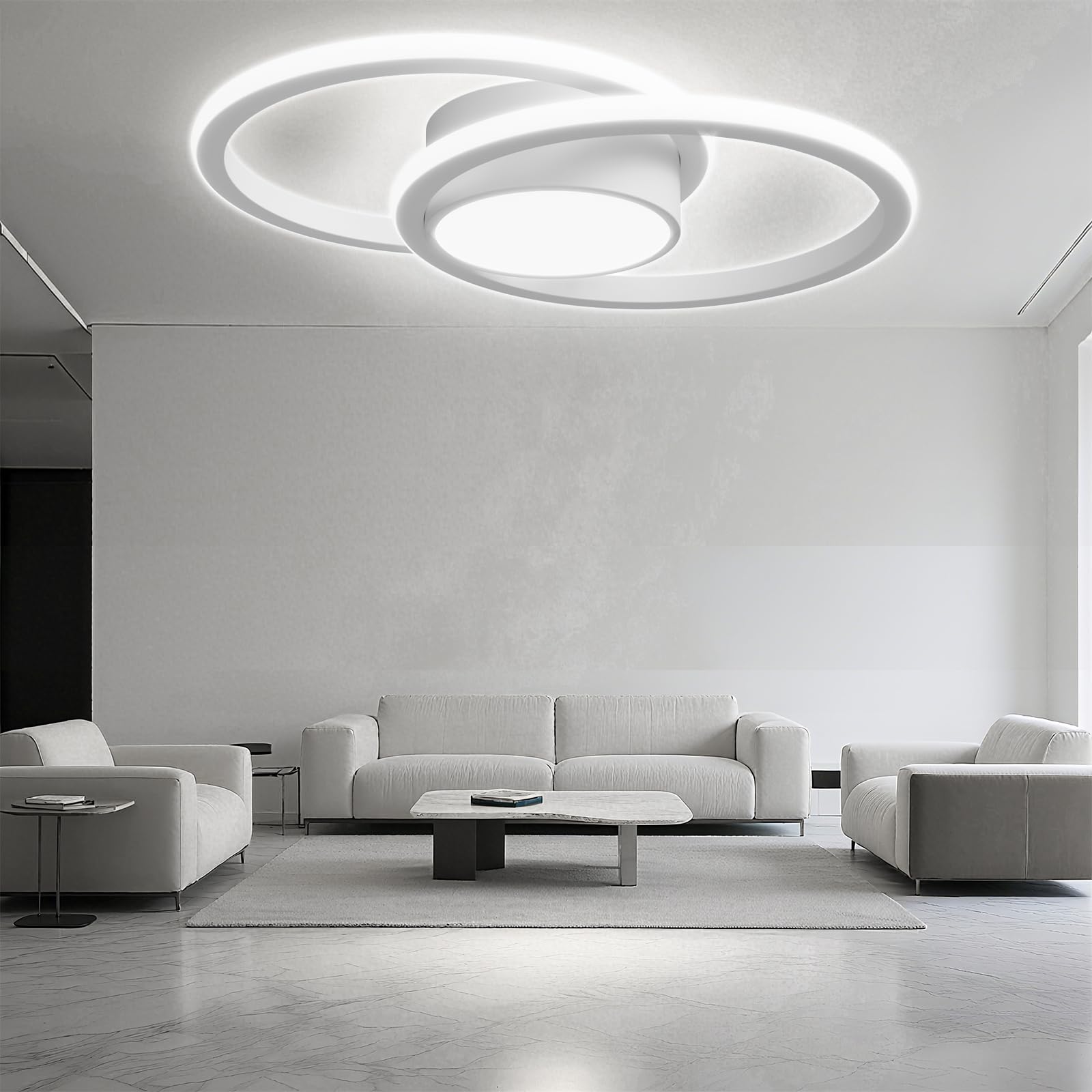 LQWELL Modern Led Deckenleuchte, LED Deckenlampe 48cm, 2-Ringe Design, 62W 6500K 6950LM IP44 Wasserfest Schlafzimmerleuchte Wohnzimmerleuchte aus Metall+Acryl als Badezimmer Küche Keller Büro