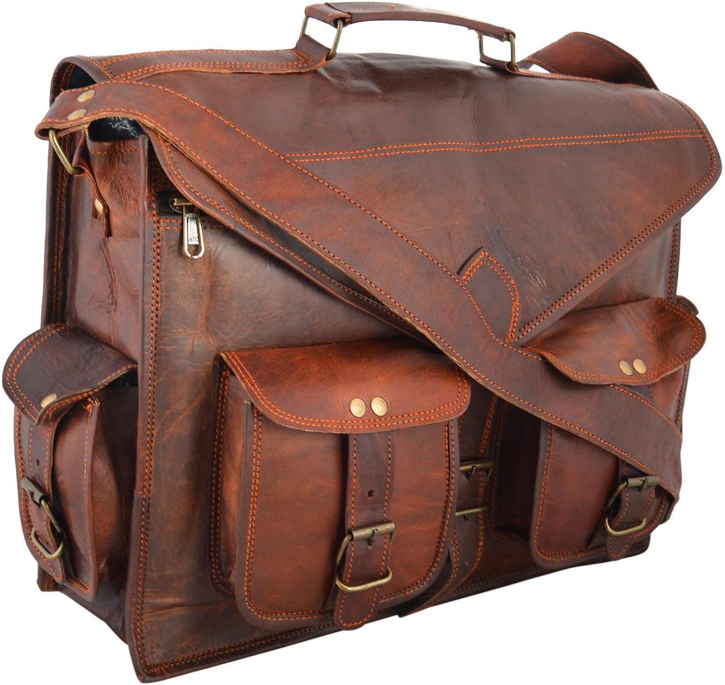 * S-Bazar * 15" Inches Classic Adult Unisex Cross Shoulder 100% Genuine Leather Messenger Laptop Briefcase Bag Satchel Brown