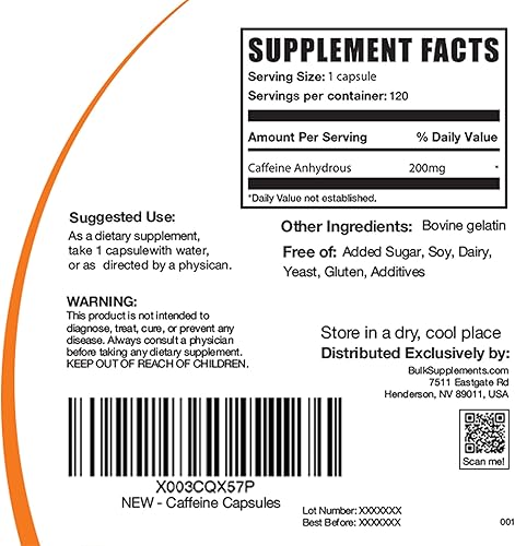 Miniatura 2 de BulkSupplementscom Cápsulas de cafeína pastillas de cafeína suplementos de cafeína pastillas de Stay Awake porción de 200 mg - Suministro de 120