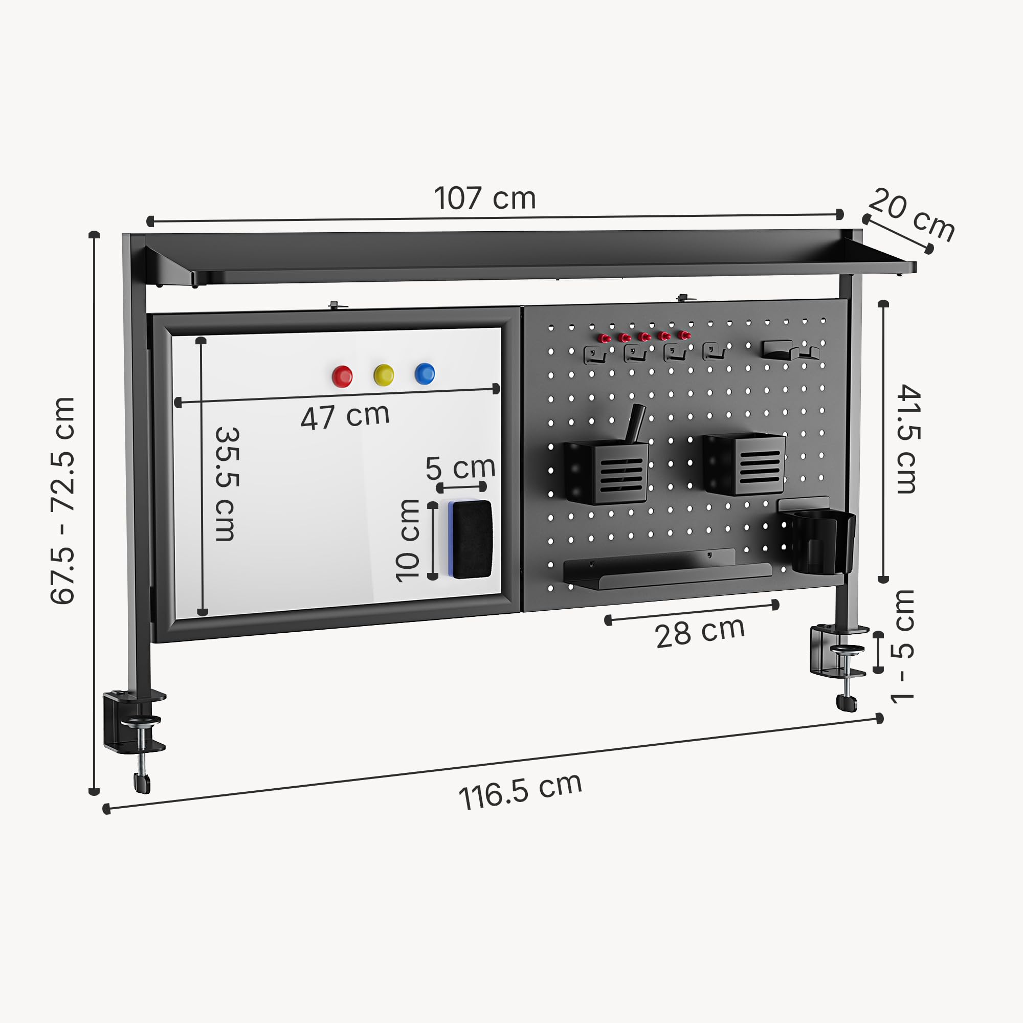 [en.casa] Schreibtisch Organizer Virvik zum Anklemmen 117 x 73 cm Pegboard höhenverstellbar Lochwand mit Ablagen und Zubehör Stecktafel für Kinderzimmer Büro Homeoffice Stahl Schwarz