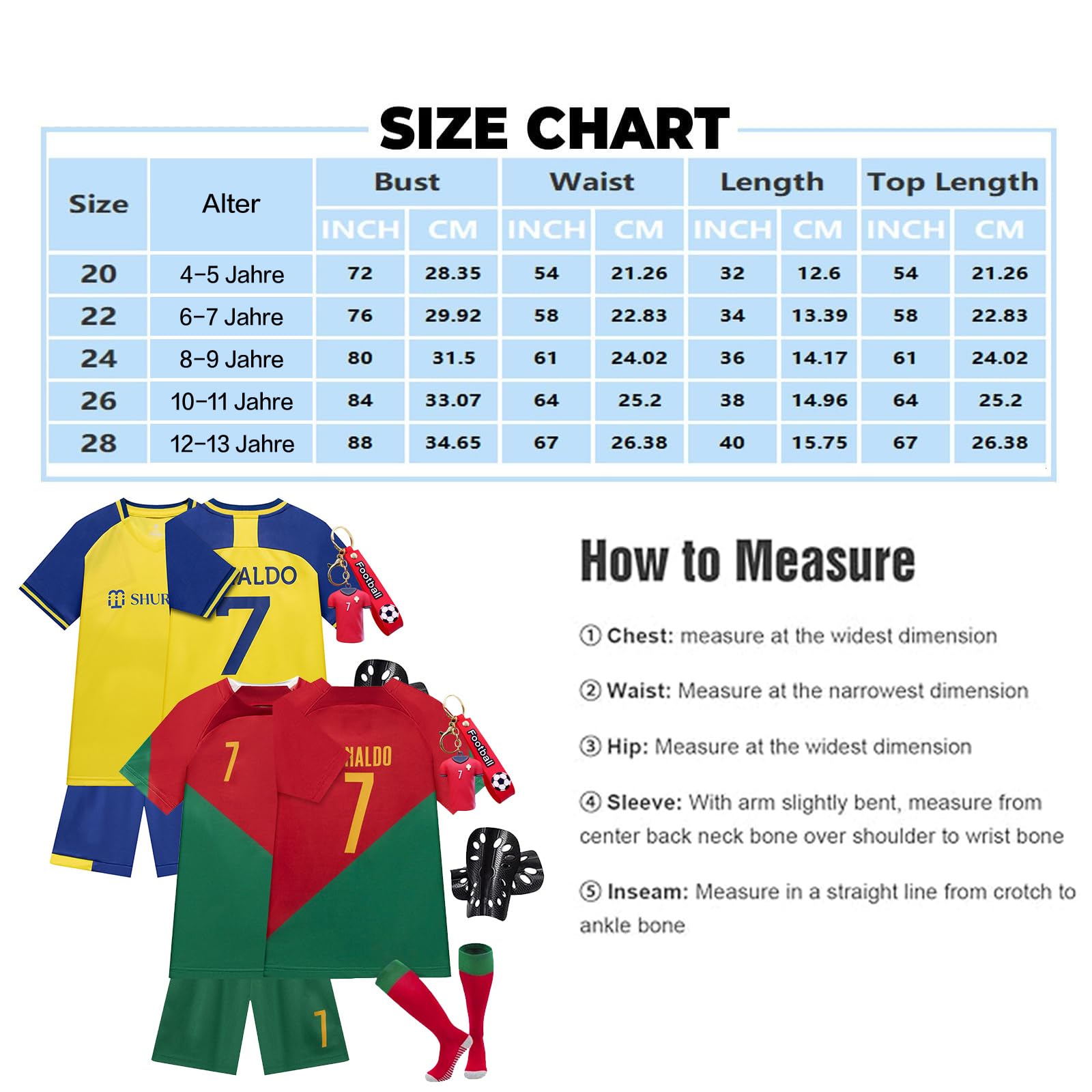 Maglia da calcio per bambini, n° 7, maglia da calcio, maglietta da calcio, pantaloncini e parastinchi set esterno per ragazzi