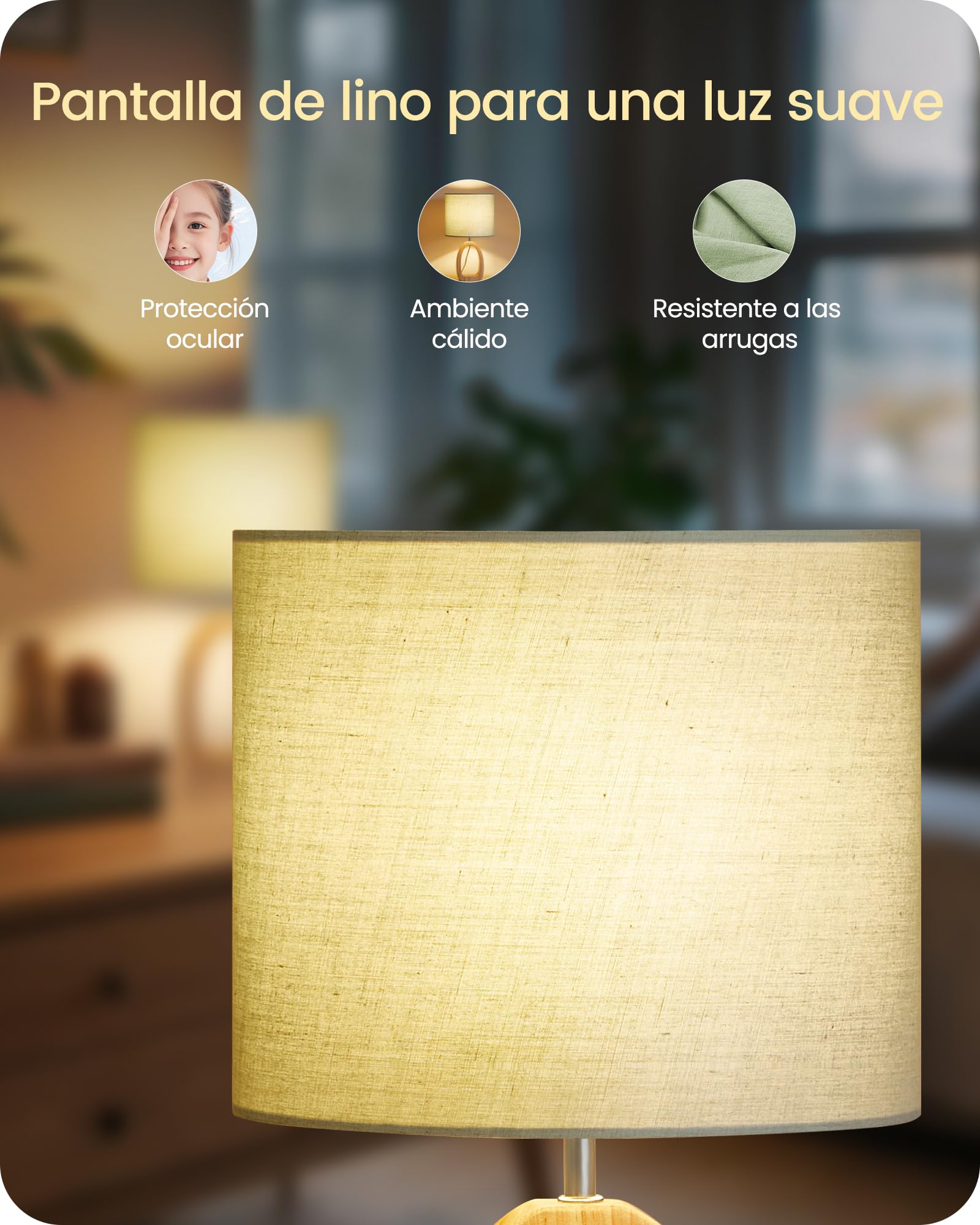 Lámpara de Mesita de Noche de Madera Verde Juego de 2 | Maciza con Base en Forma de Anillo, Pantalla de Lino, Incluye una Bombilla LED 2700K, para Sala de Estar, Dormitorio
