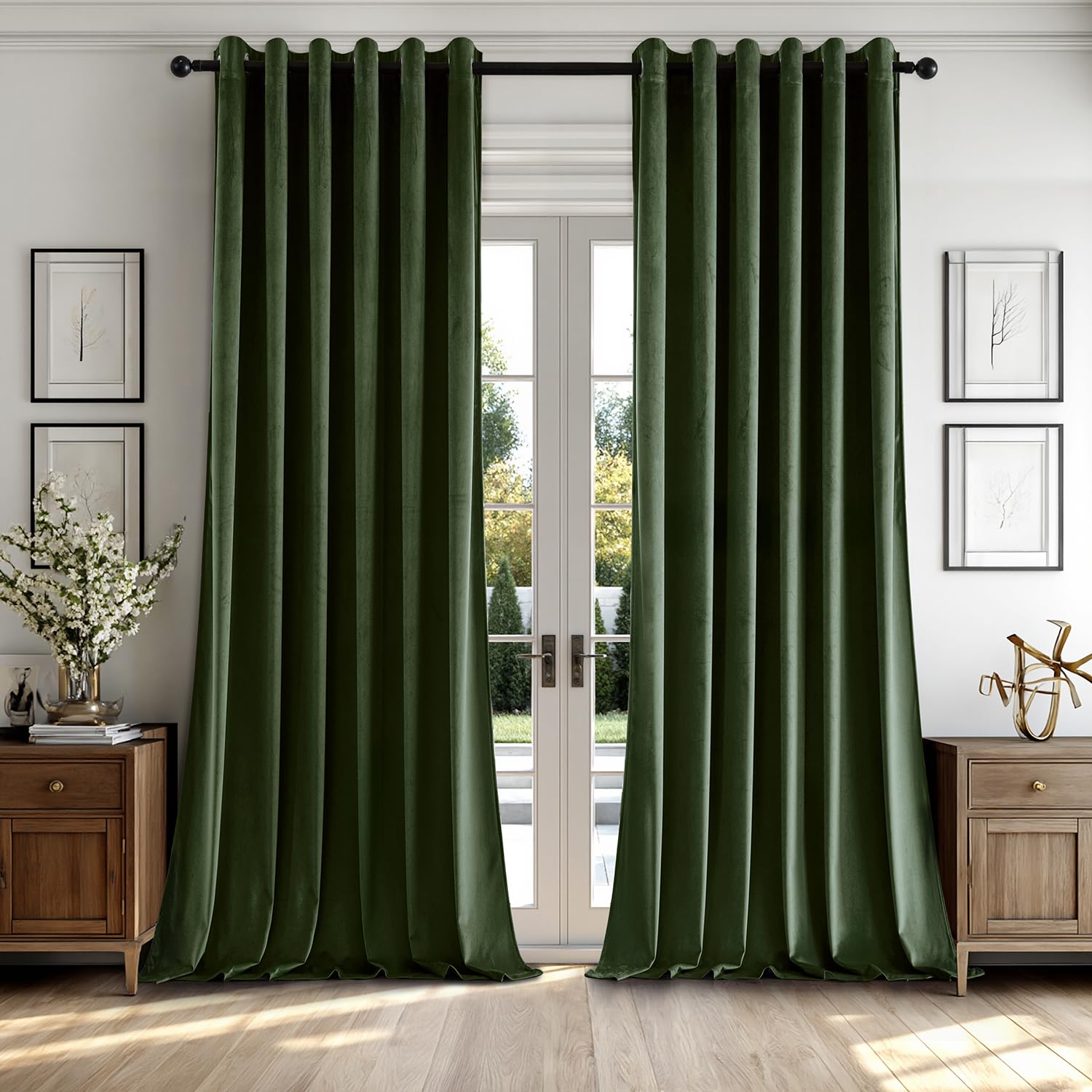 MIULEE Thick Velvet Curtains for Bedroom 2 Panel Set, Elegant Home Decor Room Darkening Velvet Curtains for Living Room, Olive Green Eyelet Curtain 88 Drop, Each Panel 90 x 90 Inches