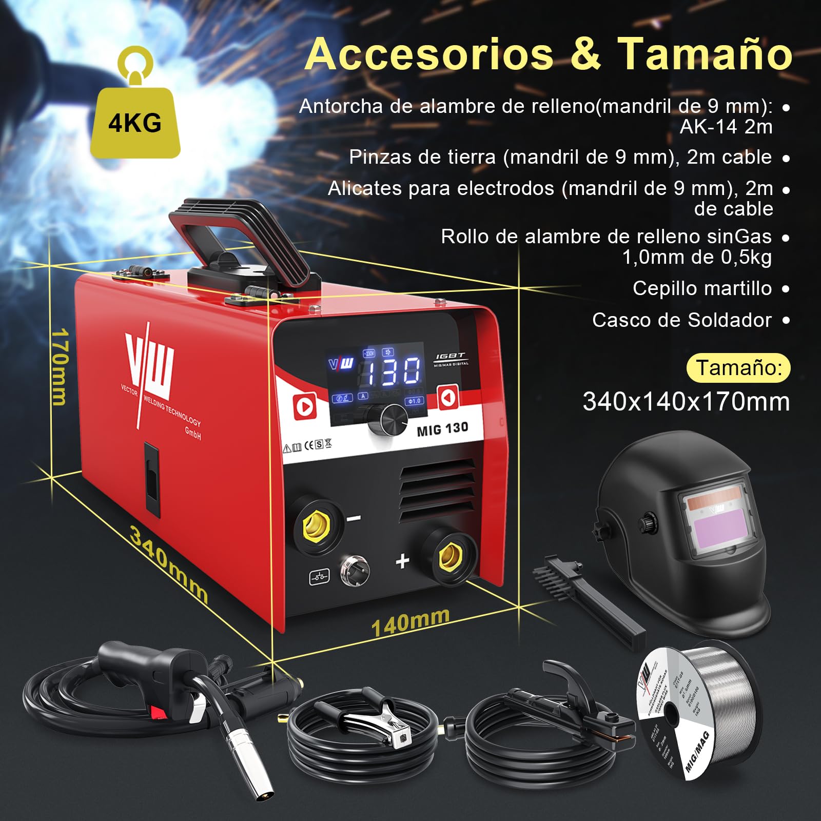 VECTOR WELDING Soldador de Hilo sin Gas 130 A, Máquina de Soldar Interver | Soldadura con Electrodo, Tecnología IGBT, Pantalla LED Digital, Incluye Hilo Tubular de 1,0 mm, para Hogar y Principiantes