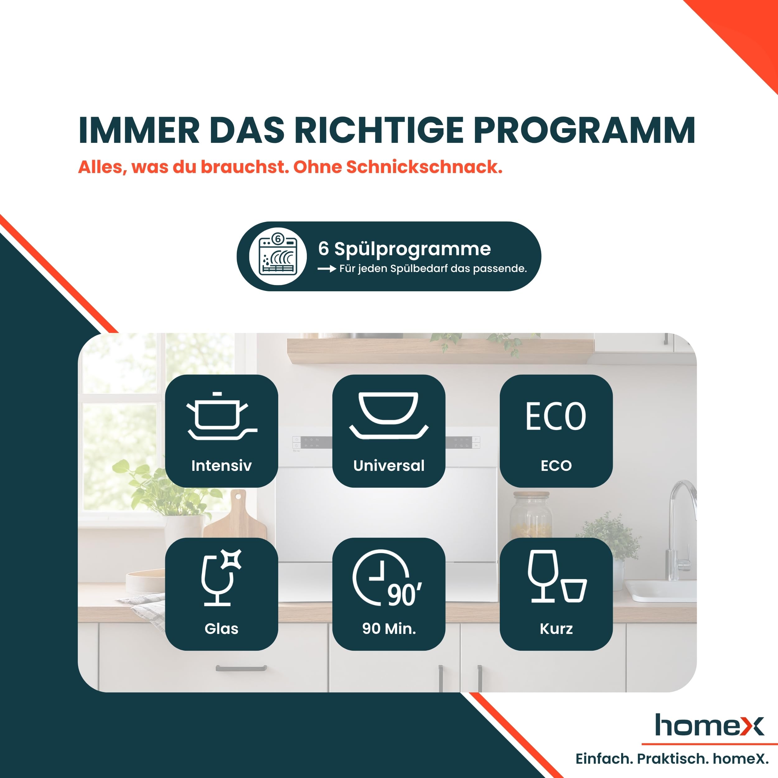 homeX GST6AD-S Tischgeschirrspüler Mini Geschirrspüler für 6 Maßgedecke | 6 Programme, Spülmaschine klein, AquaStop, automatische Türöffnung, ideal für kleine Wohnungen, Tischspülmaschine, silber