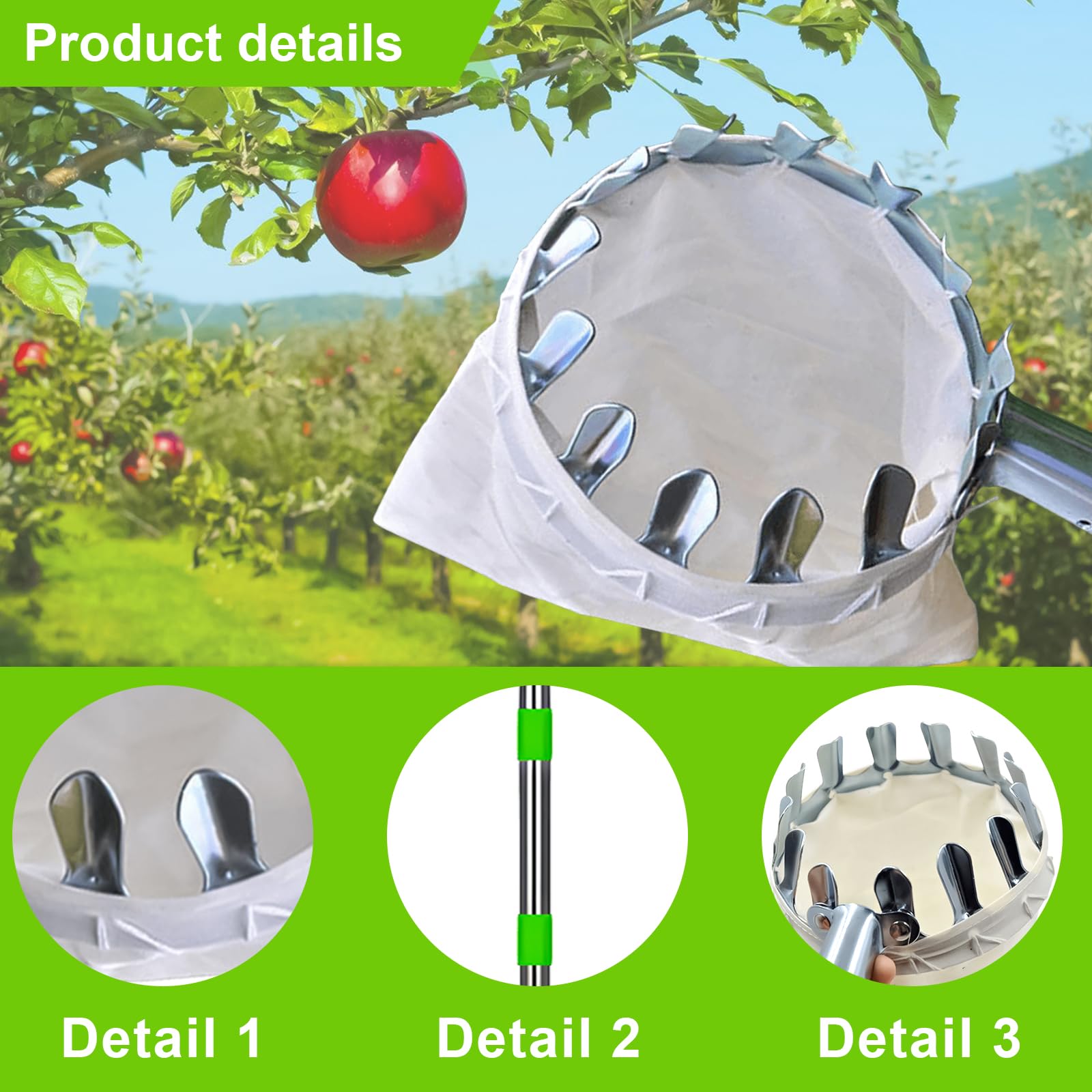 Raccogli frutta, diametro 16 cm, con manico telescopico fino a 160 cm, aiuto per la raccolta di frutta con sacchetto di cotone, raccolta di prugne, raccolta di pere, facile da montare