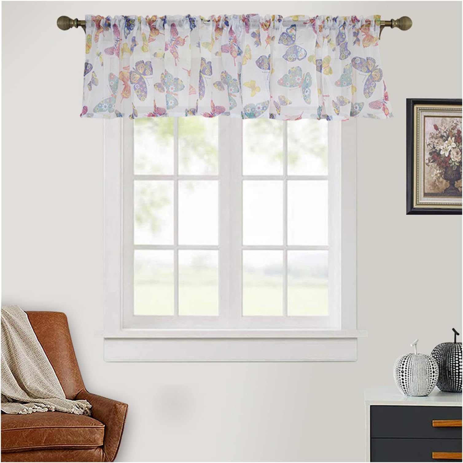 KSTORE Short Voile Curtains Printed Butterfly Cafe Curtain Rod Pocket Kitchen Curtains for Bedroom Living Room Balcony,W90cm x H30cm/ 35 x 11 inch