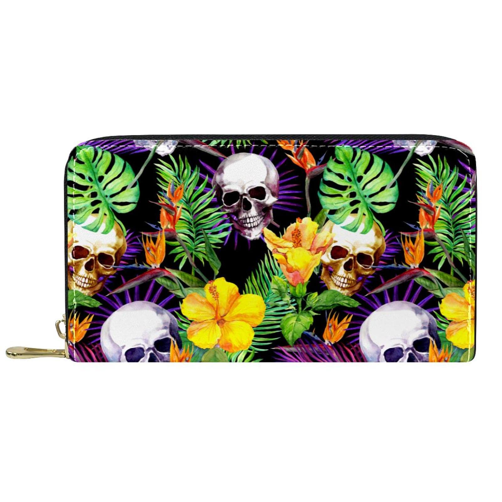 Cartera de cuero con cremallera larga con patrón de hojas de calavera, Varios colores, 20.5x2.5x11.5cm/8.07x1x4.53 in, Classic