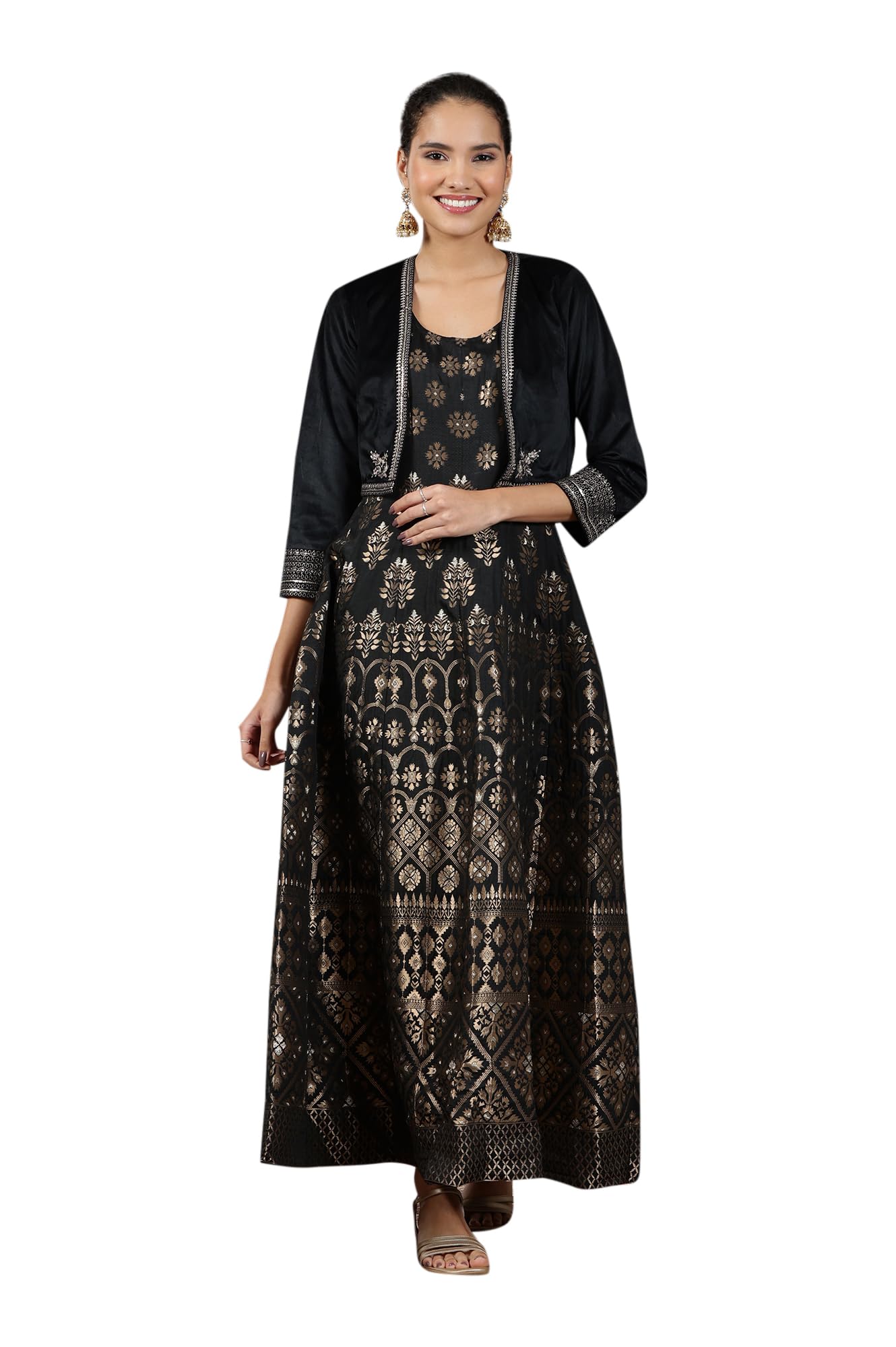 aurelia Women's Black Yarn-Dyed Sleeveless Anarkali Dress and Embroidered Short Jacket Set-picture-31