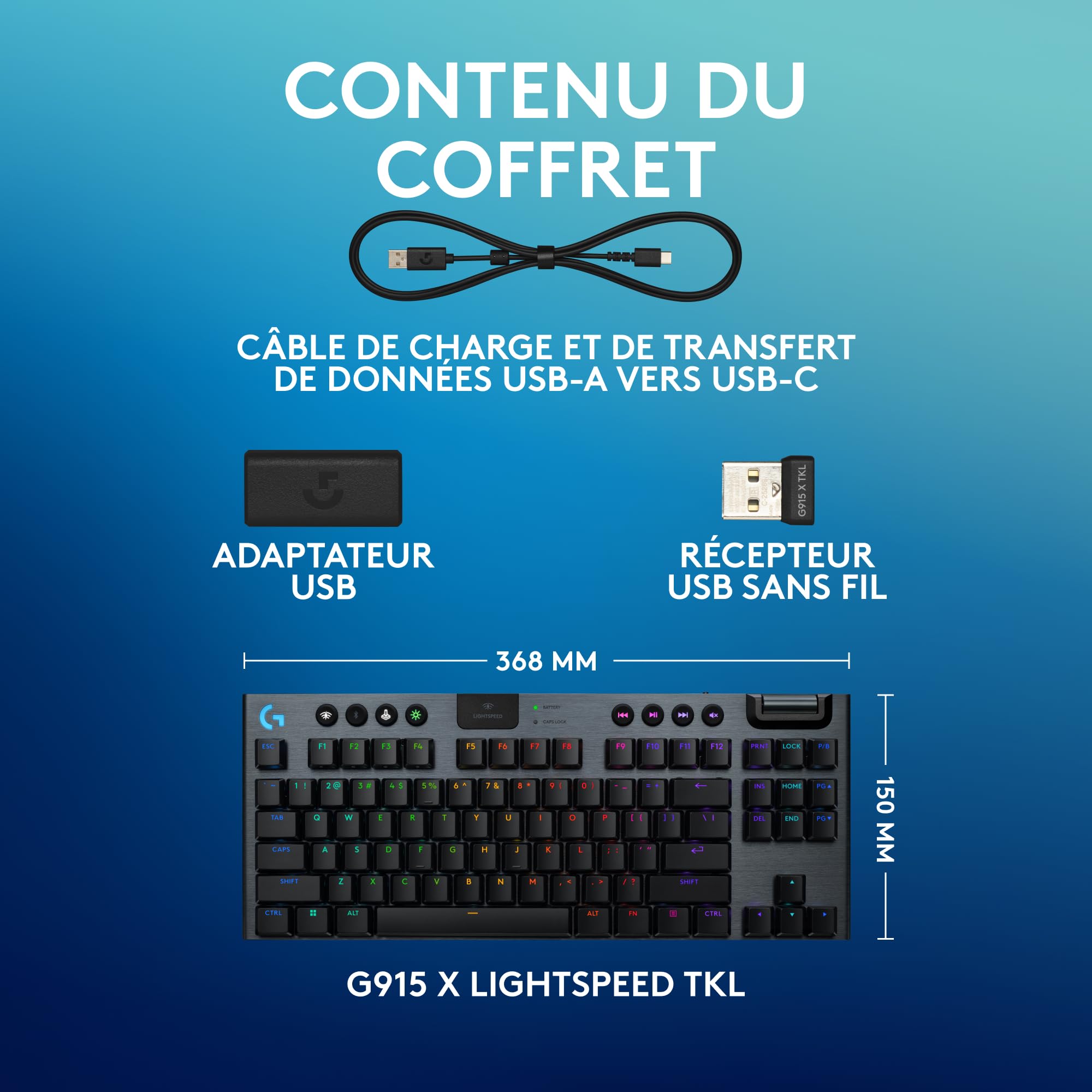 Logitech G G915 X LIGHTSPEED TKL Clavier gaming sans fil ultra-plat, touches PBT double couche, touches entièrement programmables, rétroéclairage RVB, GL Brown Tactile - PC/Mac, FRA AZERTY - Noir
