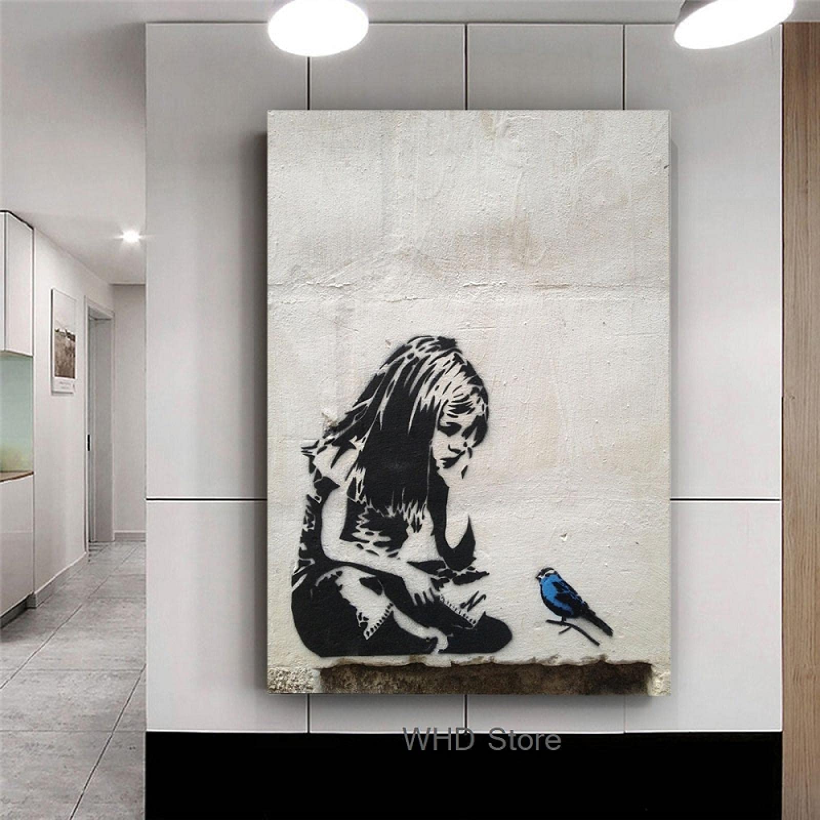 Guying Art Girls Frameless Banksy Graffiti Street Art With Blue Bird Posters And Prints Canvas Art Print Wall Pictures Wall Art Home Decor 30X40cm