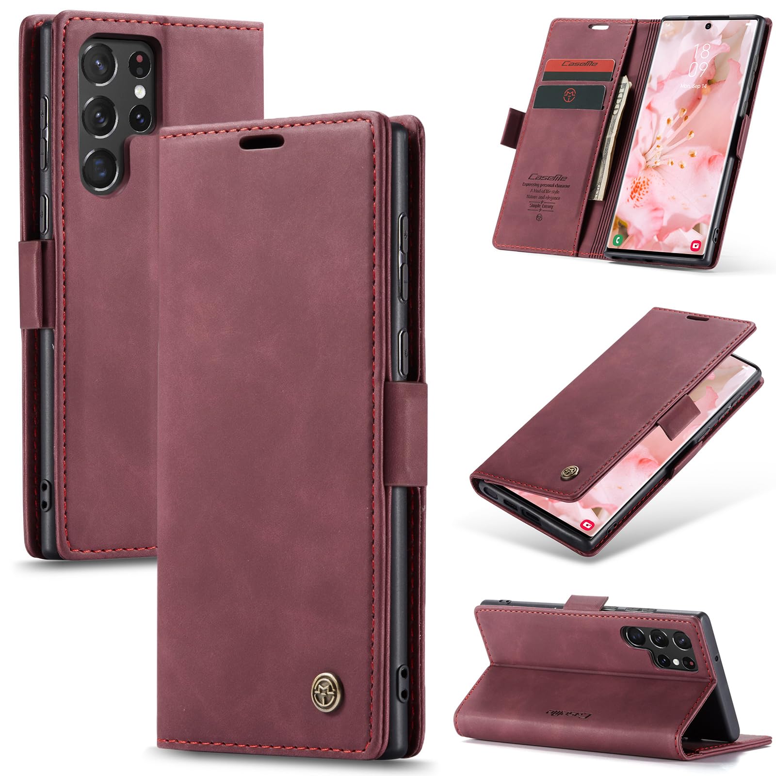 Lanranwa Handyhülle für Samsung Galaxy S22 Ultra 5G Hülle Premium Lederhülle Klappbar Flip Case Handytasche Schutzhülle Klapphülle Standfunktion für Samsung Galaxy S22 Ultra -Weinrot