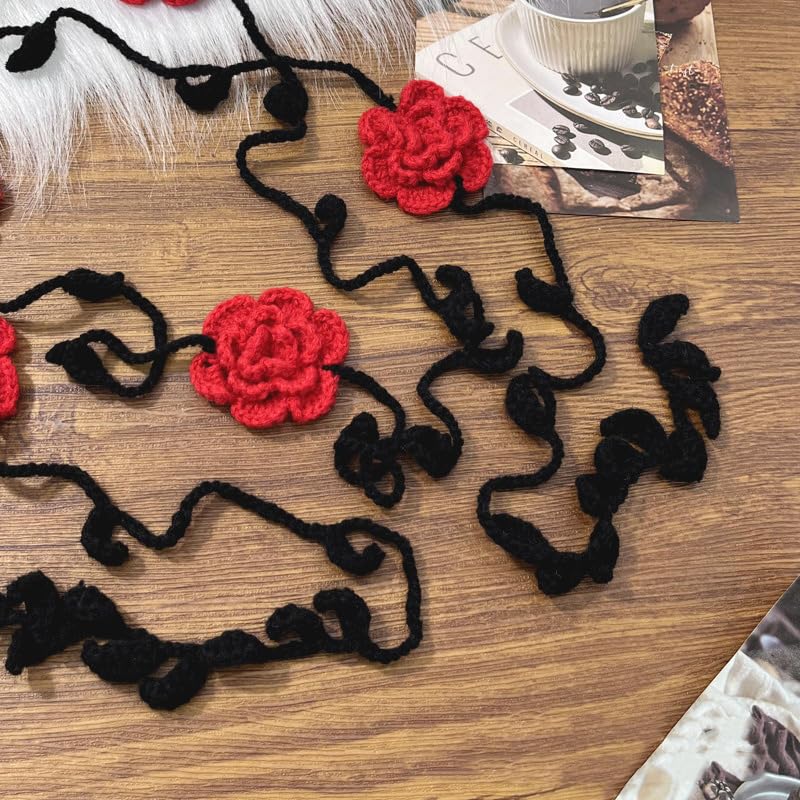 Crochet Rose Flower Neck Scarf Long Skinny Knitted Choker Necklace Neckwear Decoration Vintage Neckerchief Waist Belt3