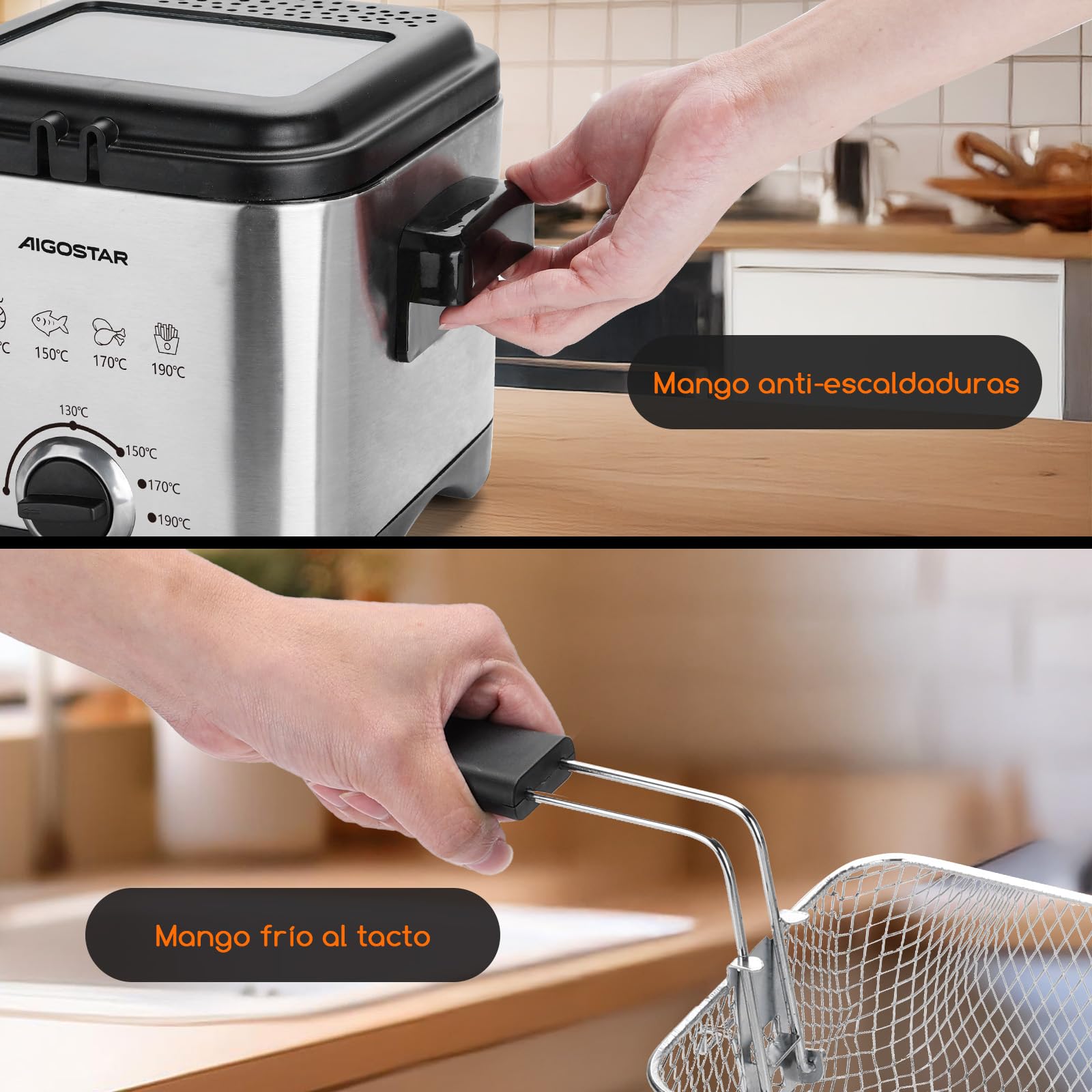 Aigostar Fries 30IZD - Freidora compacta de 1,5 litros, libre de BPA, 1000 watios con gran ventana transparente y temperatura ajustable. Acero inoxidable de tipo 304. Diseño exclusivo