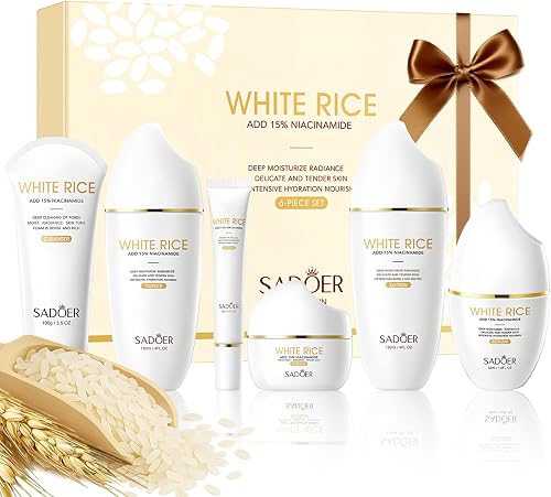 FOR SADOER Rice Niacinamide Skincare Set - 6 Piece Firming Skincare Kit with Cleanser, Toner, Lotion, Eye Cream, Face Cream & Serum for Daily Facial Care