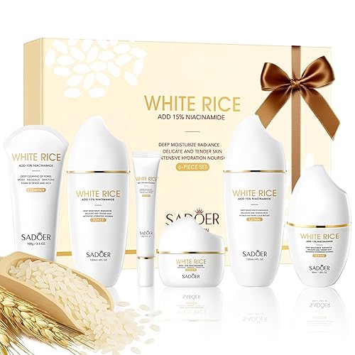 FOR SADOER Rice Niacinamide Skincare Set – Kit de 6 piezas de cuidado de la piel reafirmante con limpiador, tónico, loción, crema para los ojos,