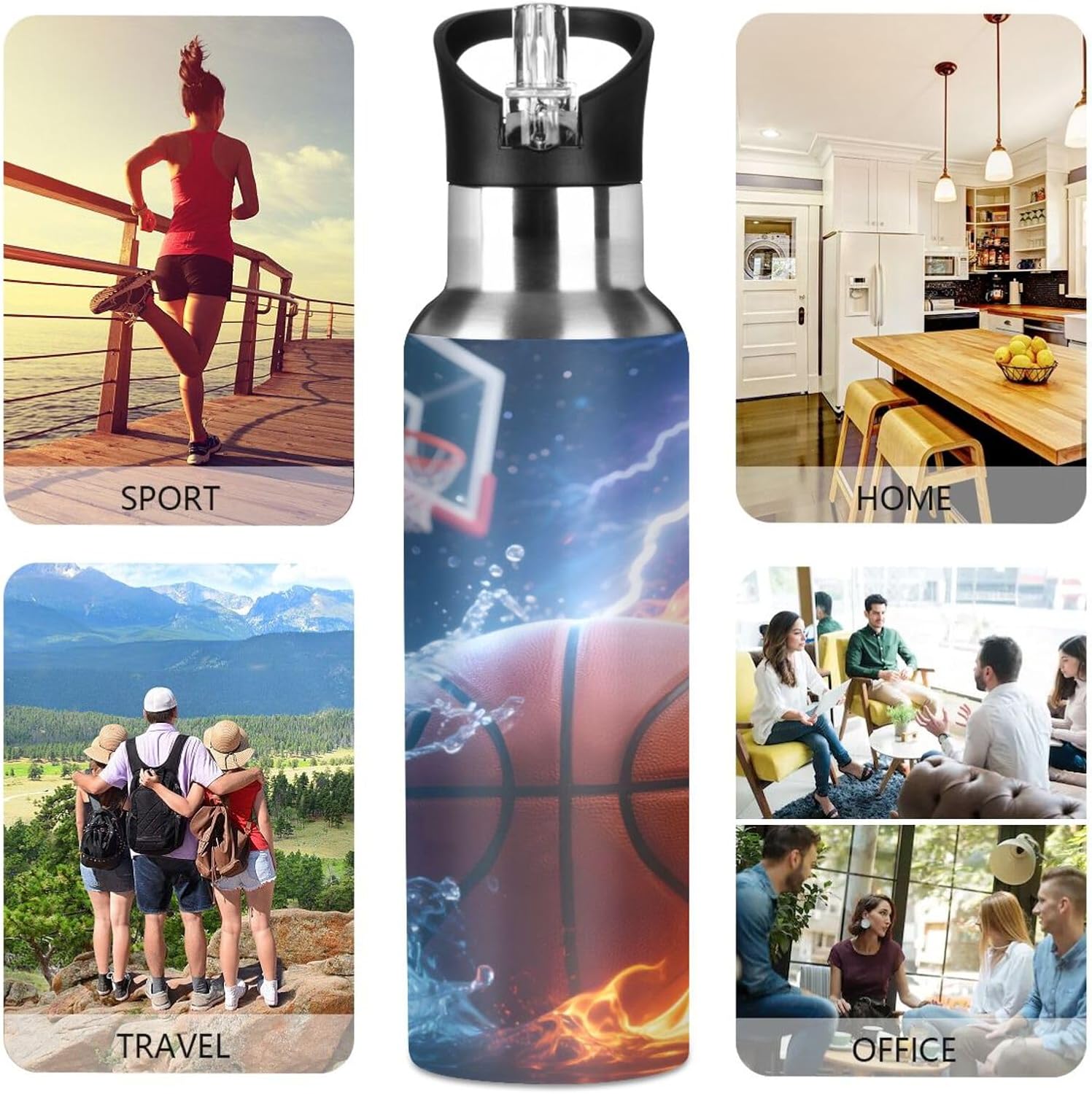 Basketball Fire Lightning Water Bottle with Straw Lid Kids Insulated Stainless Steel Water Flask Sports, 20 Oz Hot Cold