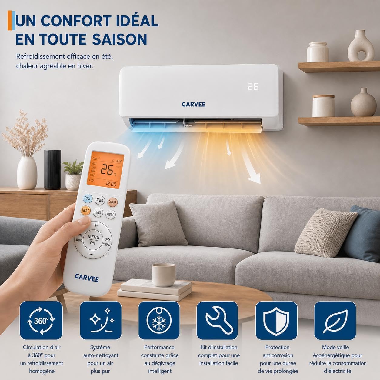 Climatiseur Split Mural Réversible Inverter 18000 BTU (≈4500 frigories), Chaud et Froid Classe A++, Fluide R32, Silencieux, Déshumidification, Minuterie, Pilotage WiFi/App, Faible consommation