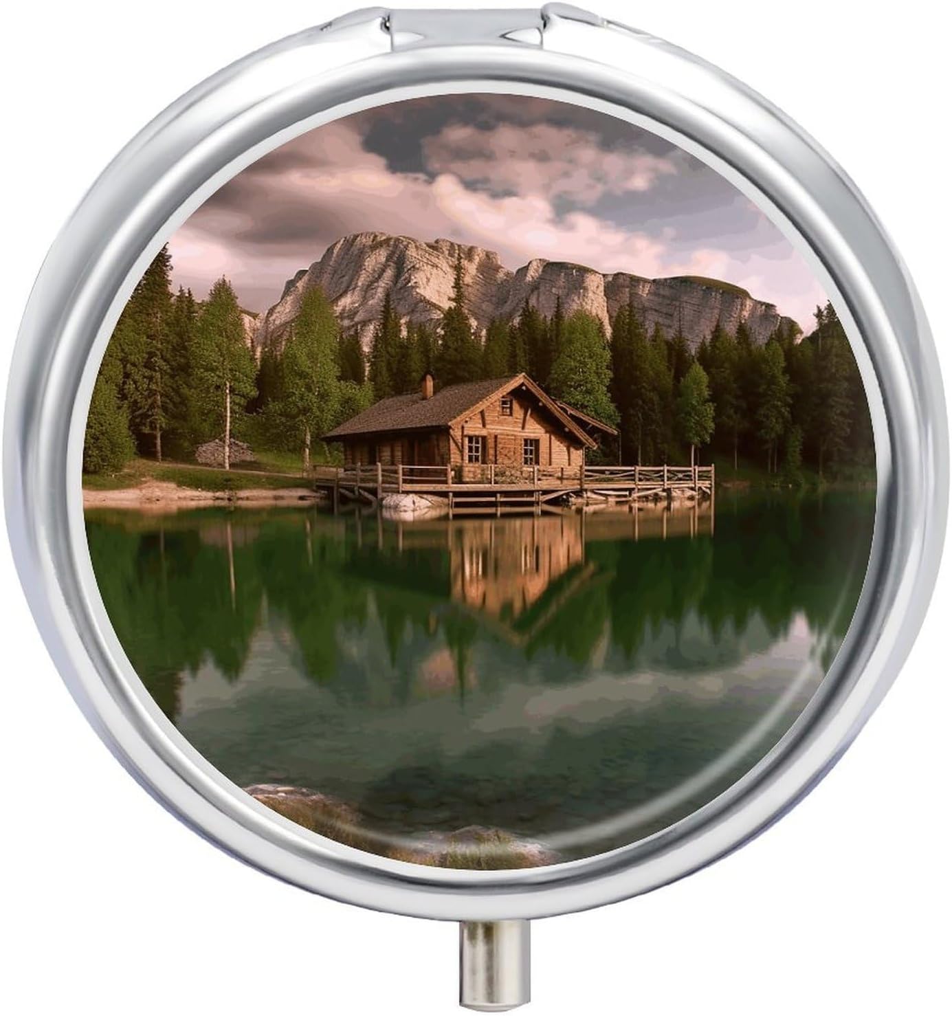 Lake and Wood Cottage Round Pill Box, Waterproof Medicine Organizer Box