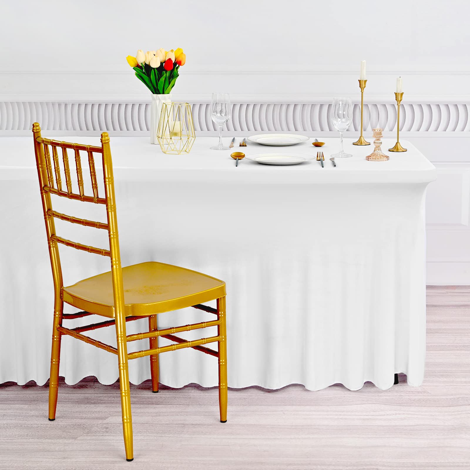 Pack de 4 Faldas de Mesa Ajustadas de Elastano Blanco, Mantel con Falda Lavable Resistente a Arrugas para Mesas Rectangulares de 6 Pies, Cubremesa con Drapeados Ondulados para Bodas, Banquetes