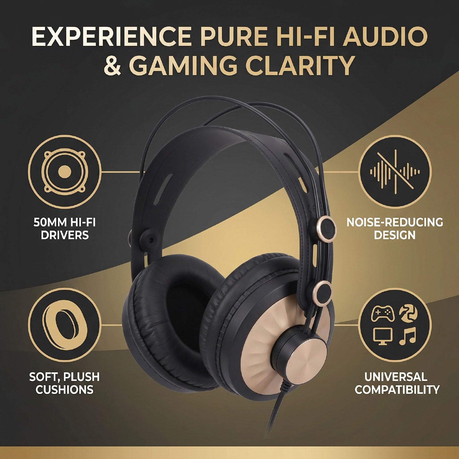 Cuffie da Gioco Cablate, Cuffie Stereo HiFi con Driver da 50 Mm Sopra L'orecchio con Morbidi Cuscinetti Auricolari e Archetto Regolabile per PC Gaming Music Studio