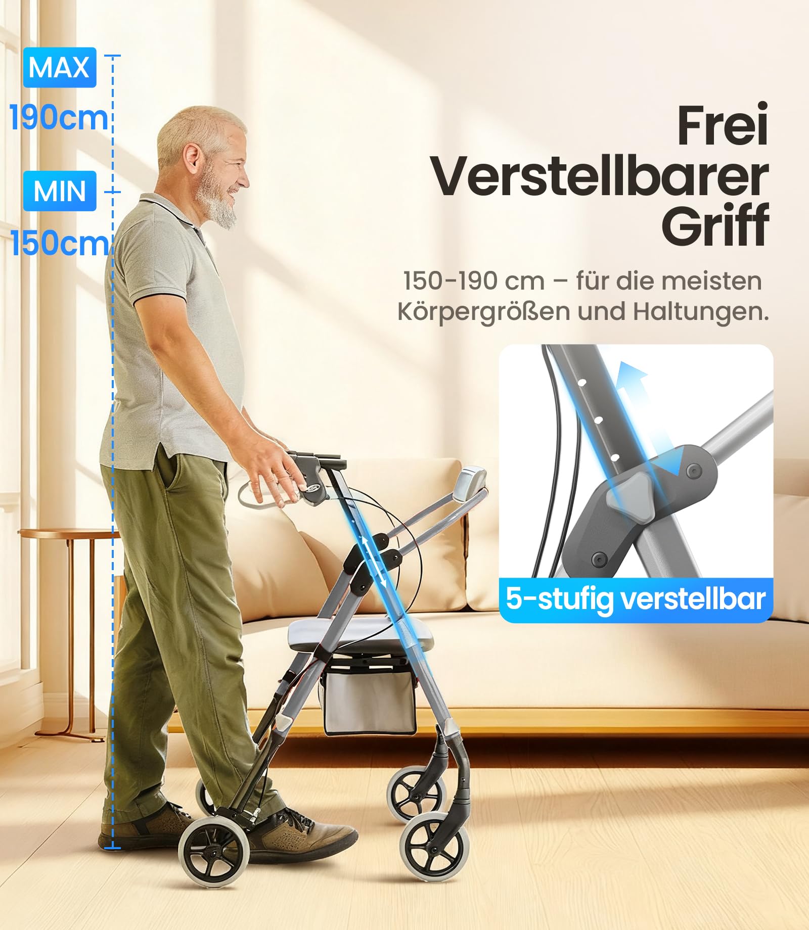 VOCIC Rollator faltbar und leicht mit Sitz, 6,3kg Ultraleicht für Senioren | Rollator klappbar, Max 150 kg, Ergonomischer Sitz, höhenverstellbar, Walker schmal für wohnung & Reise,Silber