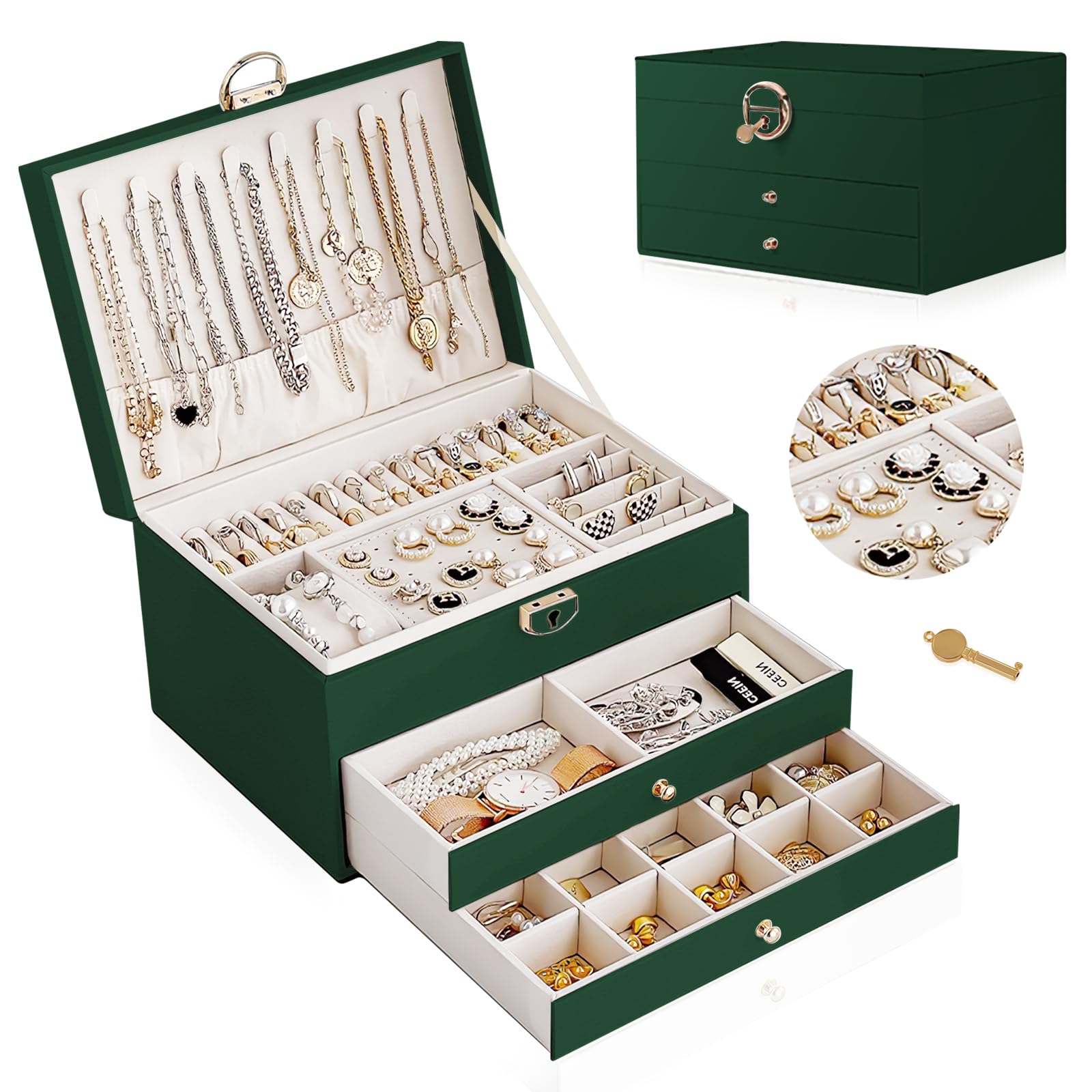 Jewelry Organizer Box, 3-Layer Jewelry Organizer, Soft Lining Jewelry Storage Case PU Leather with Lock, Removable Tray for Jewelry, Jewelry Box Gift for Women Girls, Mother's Day Gift
