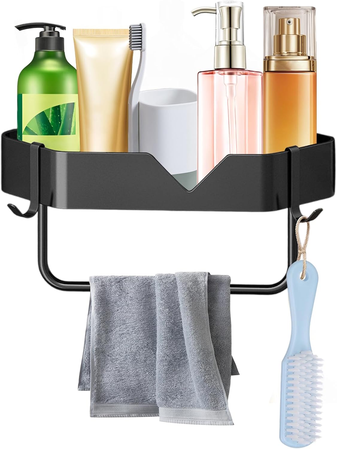 Corner Shower Shelf, No Drilling Required, Corner Shower Shelf, Corner Bathroom Shower Shelf, Adhesive Bathroom Corner Shelf, Stainless Steel Shower Shelf with 2 Hooks and Towel Rack (Black)