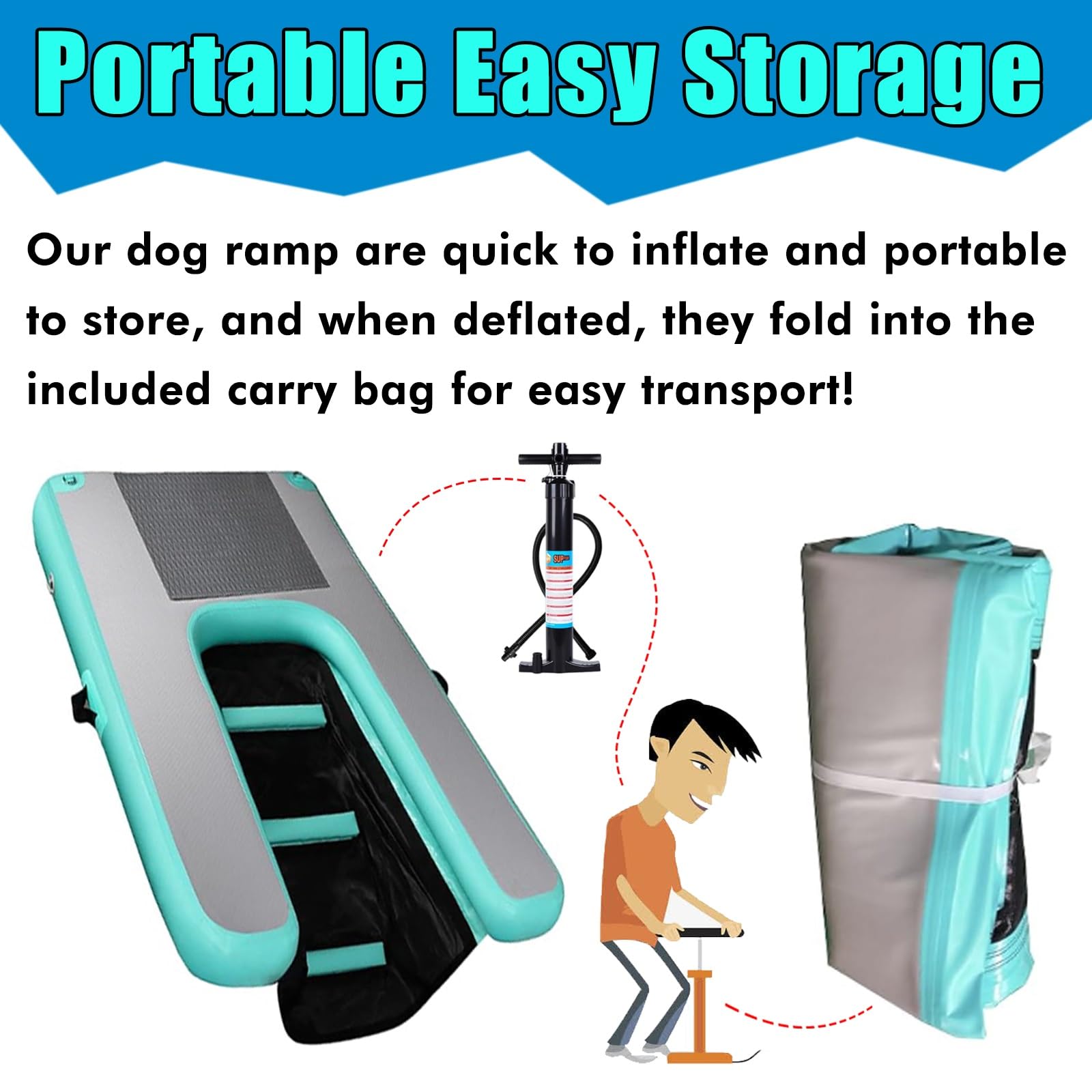 Rampa de Agua Para Perros Escalera de agua para perros con escalones 3D antideslizantes y bomba/kit de reparación, rampa flotante inflable para piscina/plataforma para perros en playas, muelles(Black,