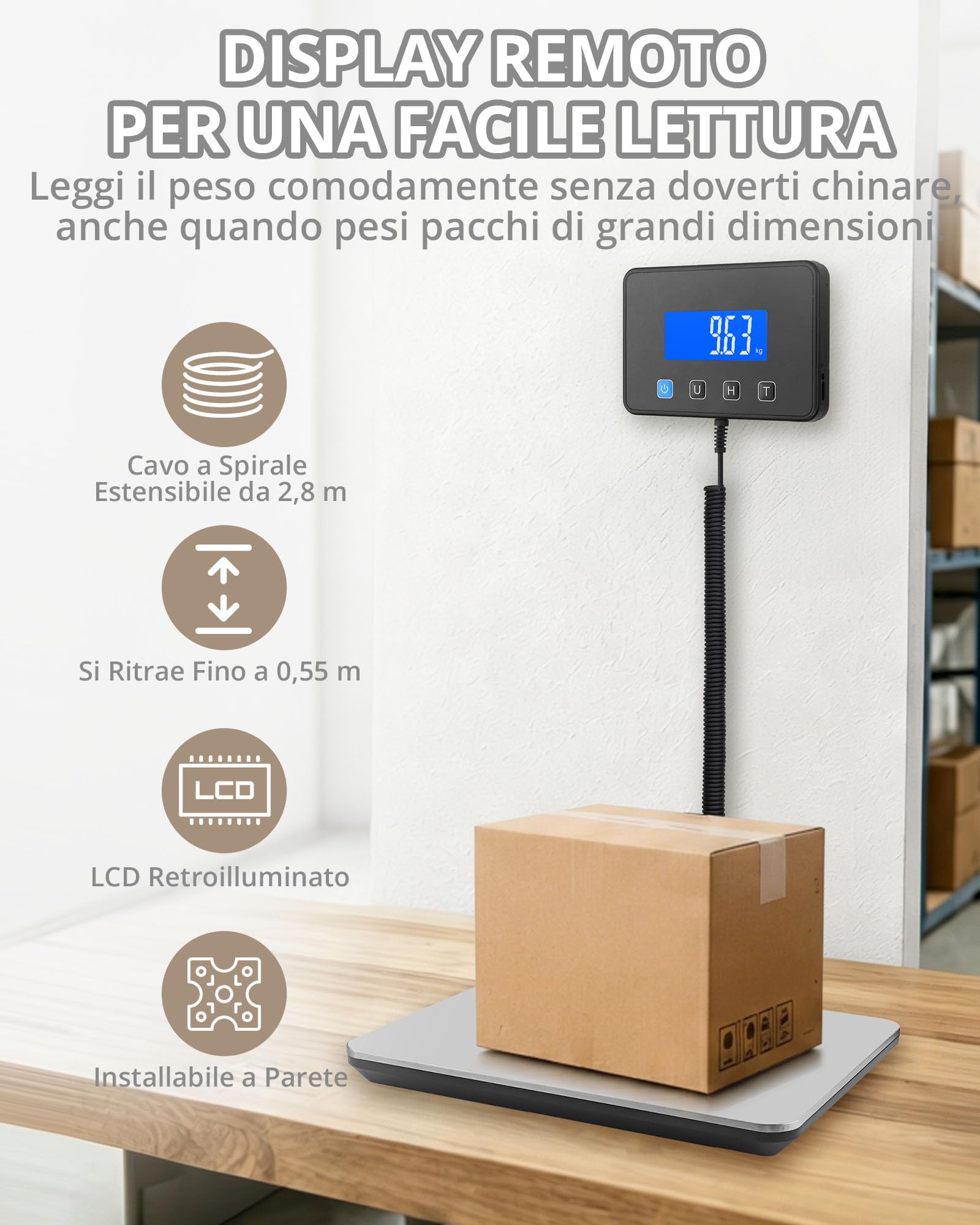 HOMGEN Bilancia Postale con Display LCD Retroilluminato Fino a 200 kg | Bilancia Digitale per Bagagli e Pacchi, Funzioni Tara e HOLD, Acciaio Inox, Ideale per E-commerce, Pacchi e Viaggi