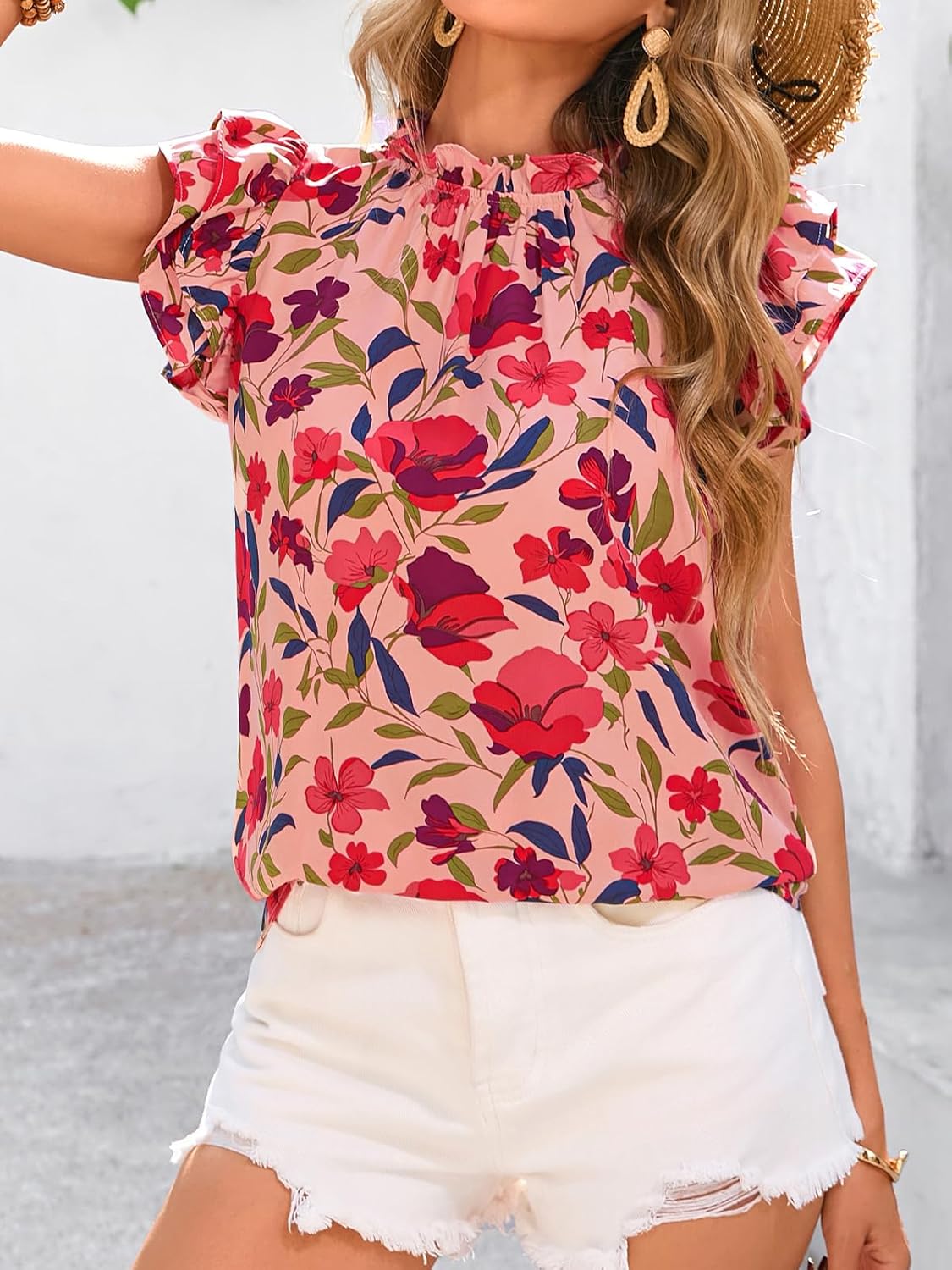 PRETTYGARDEN Women's Ruffle Short Sleeve Summer Tops 2026 Trendy Floral Trim Neck Casual Dressy Chiffon Boho Blouses Shirts - Image 6