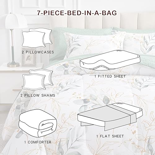 Miniatura 7 de Joyreap - Juego de ropa de cama tamaño King completo en una bolsa, 7 piezas, diseño botánico de flores verdes sobre fondo blanco, juego de edredón