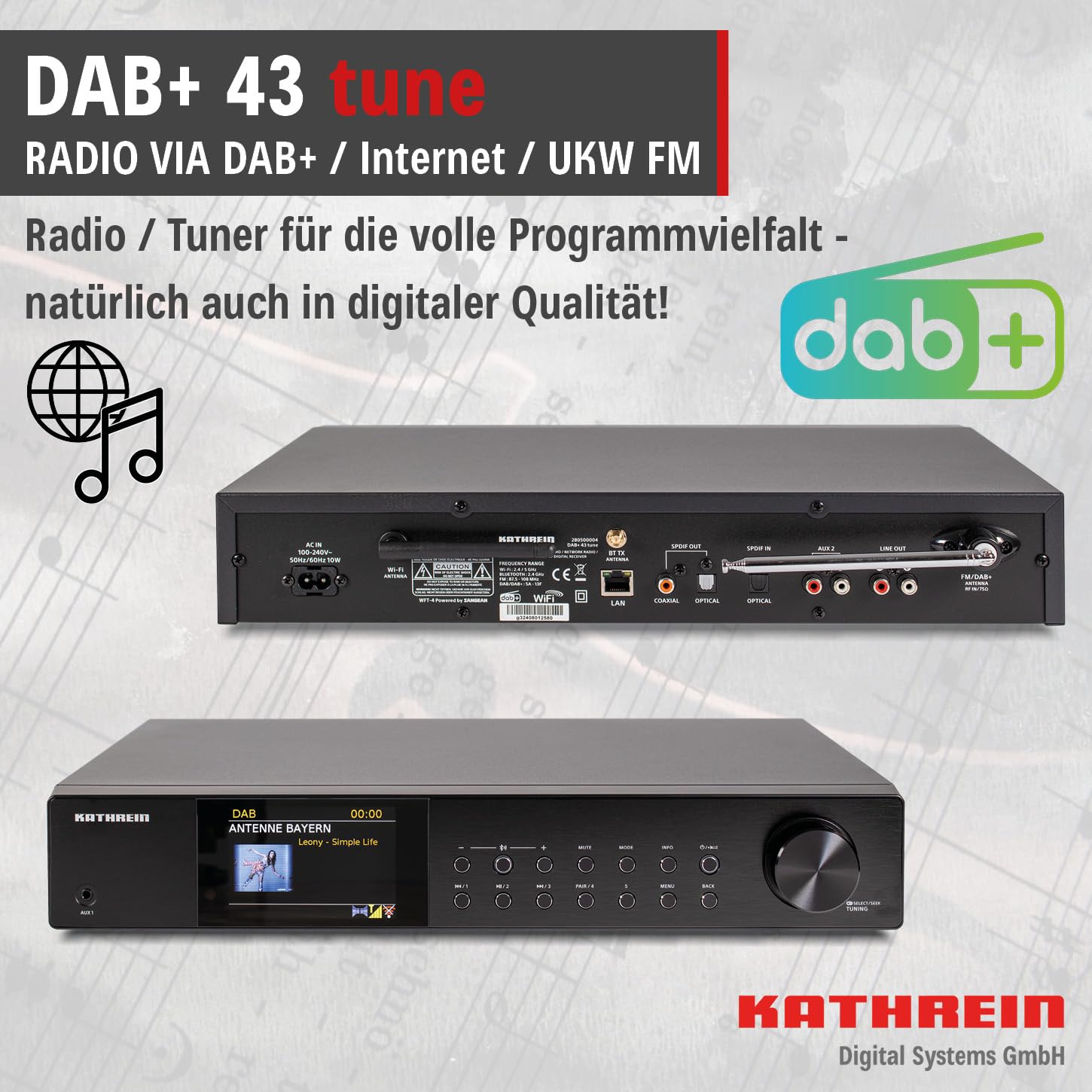 KATHREIN Internetradio DAB+ 43 Tune mit DAB+ und UKW-Empfang zur Erweiterung Einer HiFi Anlage, 2,4 GHz WLAN, Bluetooth, SpotifyConnect, Musik Streaming per UPnP | 4″ Farbdisplay, Streamingdienste Amazon Music, Spotify, Deezer, Bluetooth Audio Streaming,