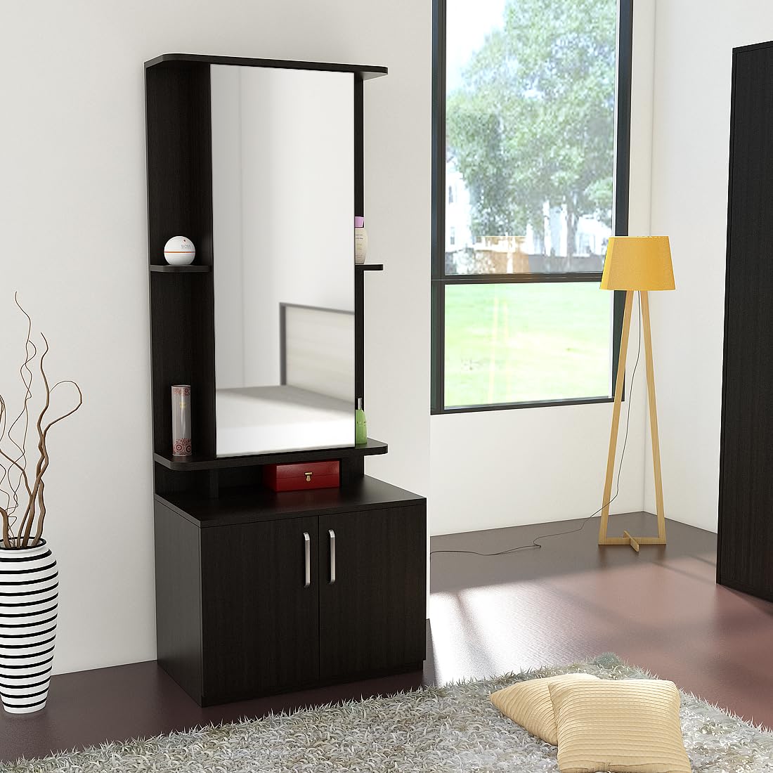 Spacewood Dressing Table | Ora | 3 Year Warranty | 5 Shelves & 2 Shutter Storage, Vanity Table for Bedroom, Living Room, and Home| Engineered Wood | Natural Wenge-picture-11