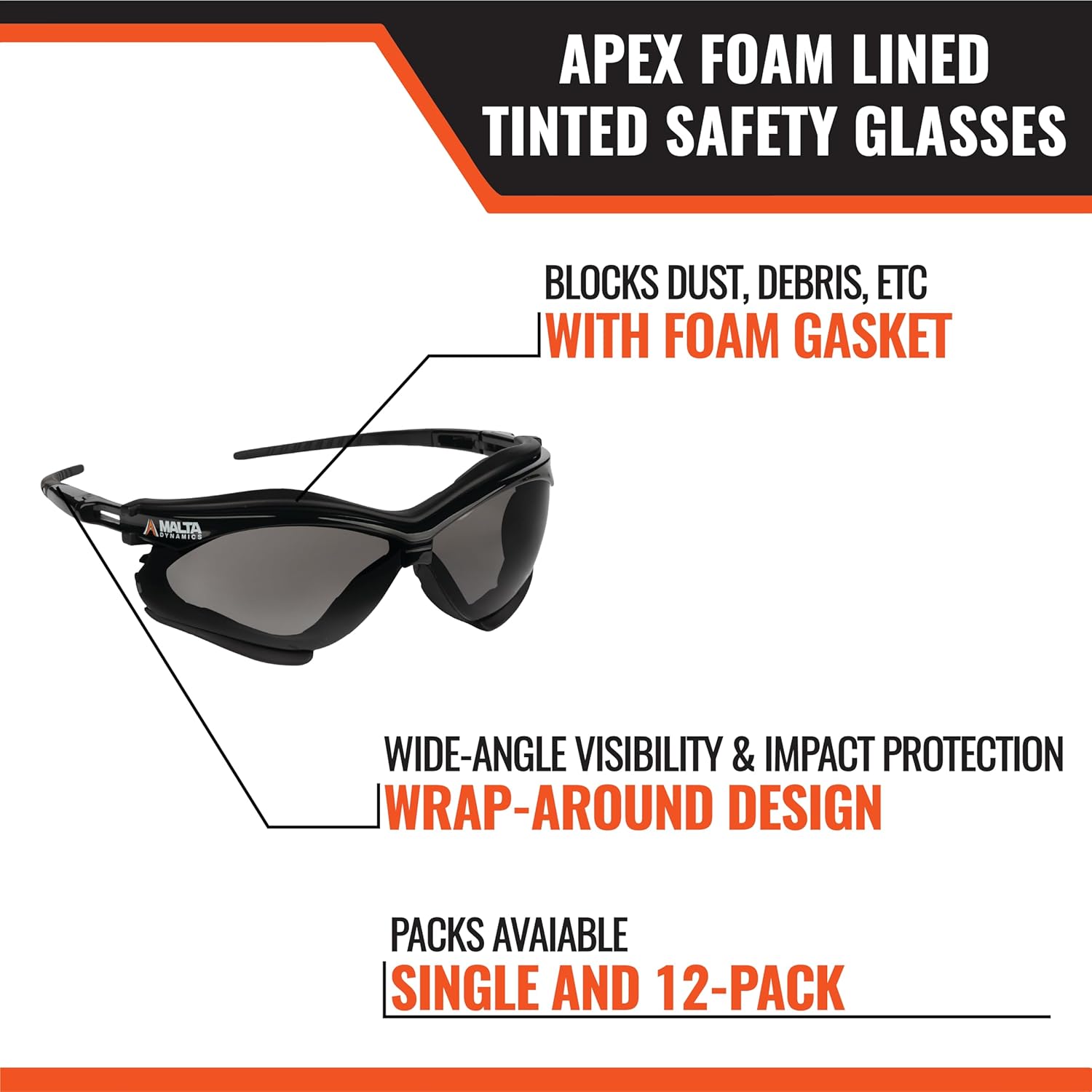 Malta Dynamics APEX Foam-Lined Safety Glasses – ANSI Z87.1 Spoggles for Construction Workers, Anti Scratch Protective Eyewear