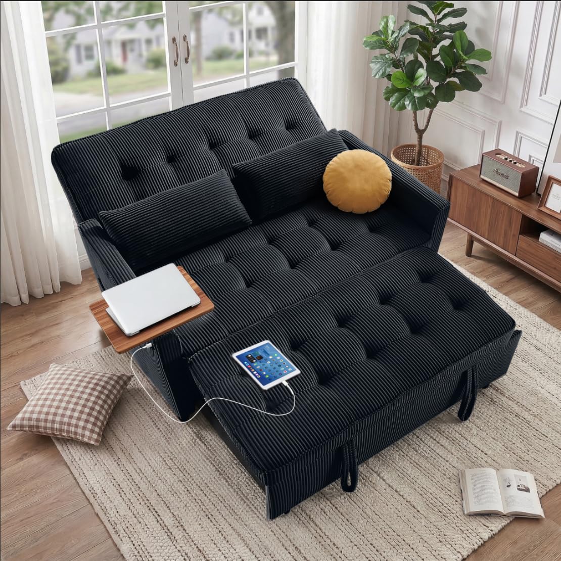 QSQG Sleeper Sofa Bed, 54'' Convertible Pull Out Couch with Small Table| USB Port | Side Pockets | Corduroy Fabric | Adjustable Backrest for Apartment