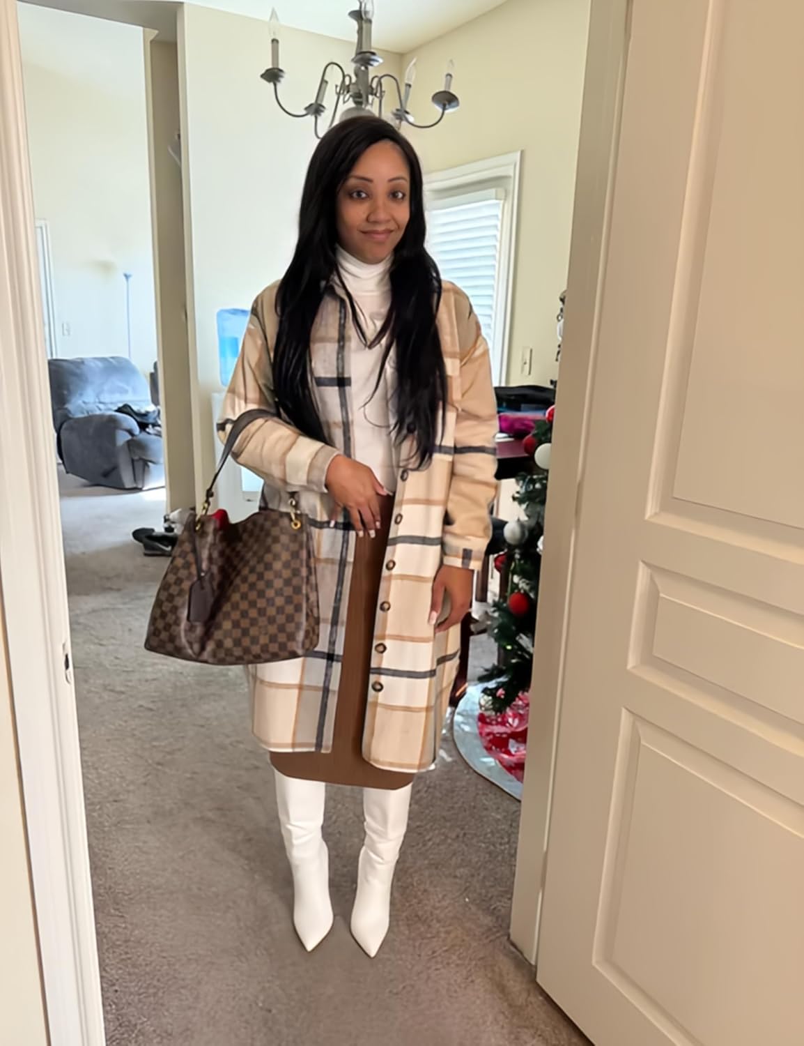 PUWEI Women's Long Flannel Plaid Jacket Shacket Cozy Lapel Button Down Shirt Jacket Fuzzy Trench Coat - Image 3