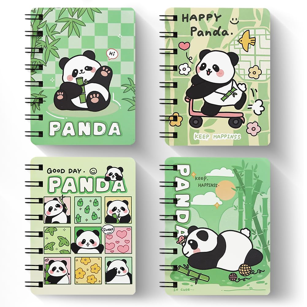 4 Pcs A7 Panda Spiral Notebooks,Cartoon Animal Green Panda Small Pocket Memo Notepad Wirebound Journal Hardcover Planner Diary for Panda Lover Kid Home Office School Stationery Supplies Party Favor