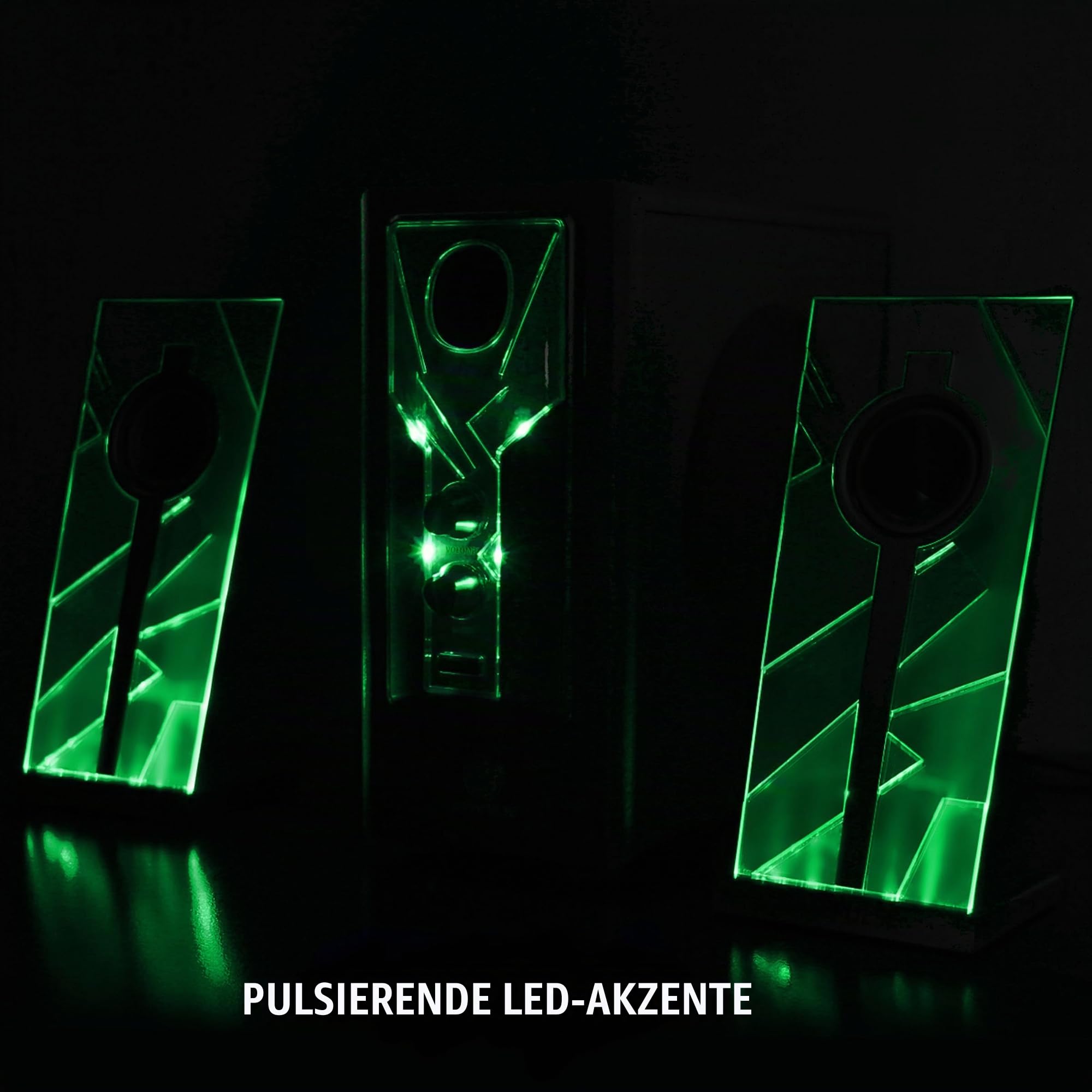 GOgroove 2.1 Soundsystem Computer Lautsprecher PC mit LED Effekt Desktop PC Lautsprecher 2.1 Anlage mit Subwoofer und blauen LED Highlights, Perfekt Geeignet für Stereo Gaming an Ihrem Computer - Grün