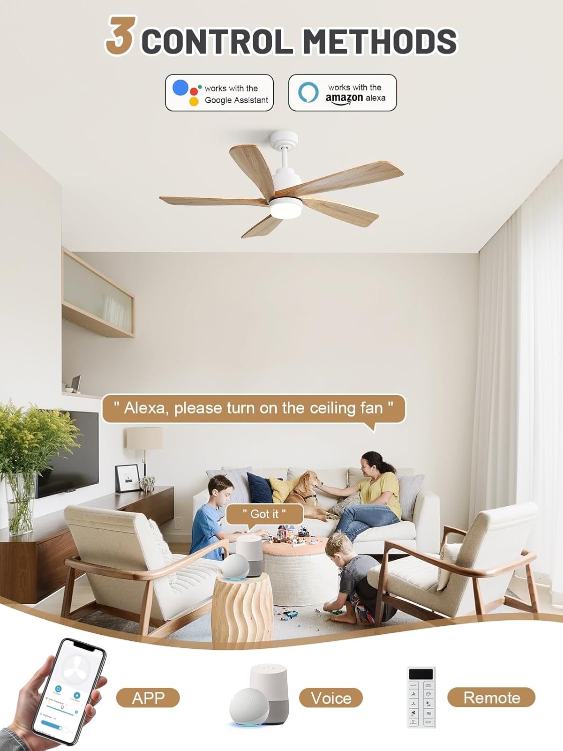 Sofucor 52 inch Ceiling Fan with Lights, Flush Mount Ceiling Fans with Lights and Remote, Compatible with Alexa/Google/App, Quiet DC Motor, 6-Speed Wood Ceiling Fan for Bedroom Living Room Patio